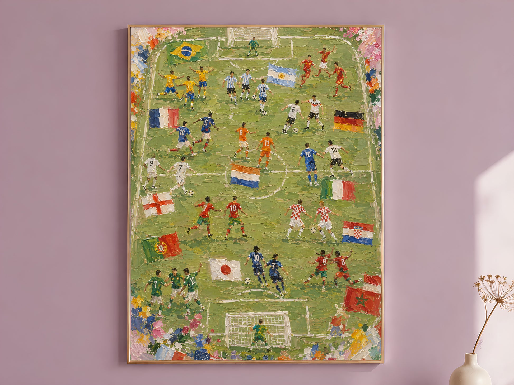 Impasto oil painting style World Cup 2026 wall art print in a thin wood frame displayed against a dusty mauve wall, showing an aerial view of a football pitch with international teams and national flags including Brazil, Argentina, France, Germany, Portugal, England, Croatia, Japan, Morocco, and USA