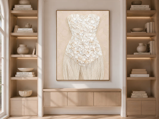 Sand beige mother of pearl wall art framed in gold, displayed within light wood built-in shelving.