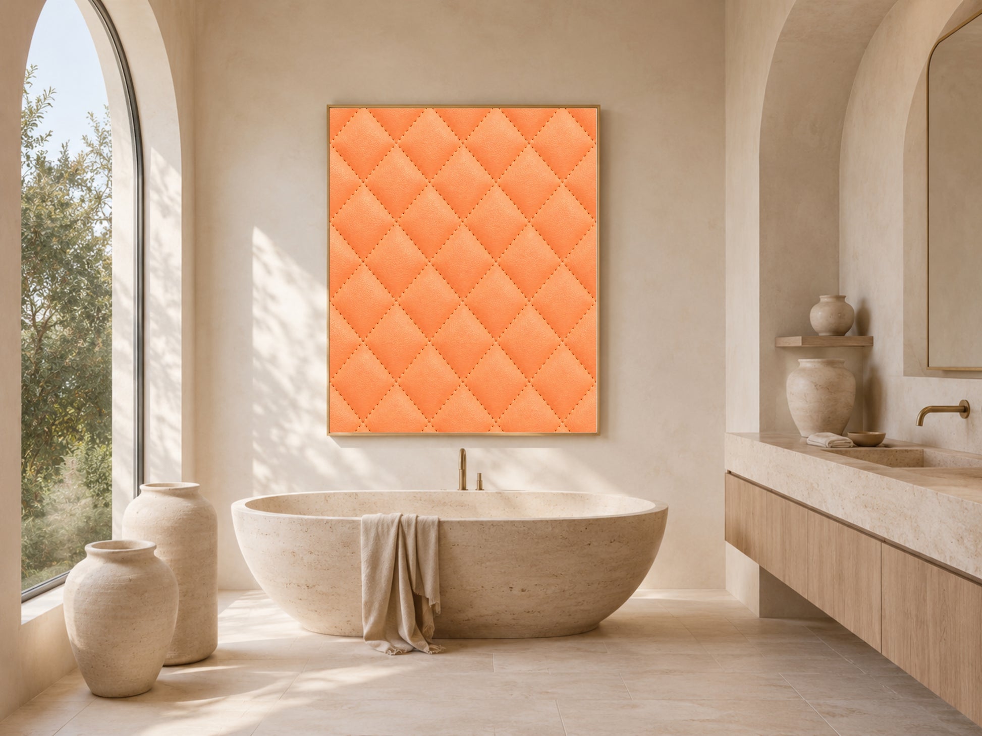 Quilted leather wall art in coral orange framed in a spa-style bathroom with soaking tub