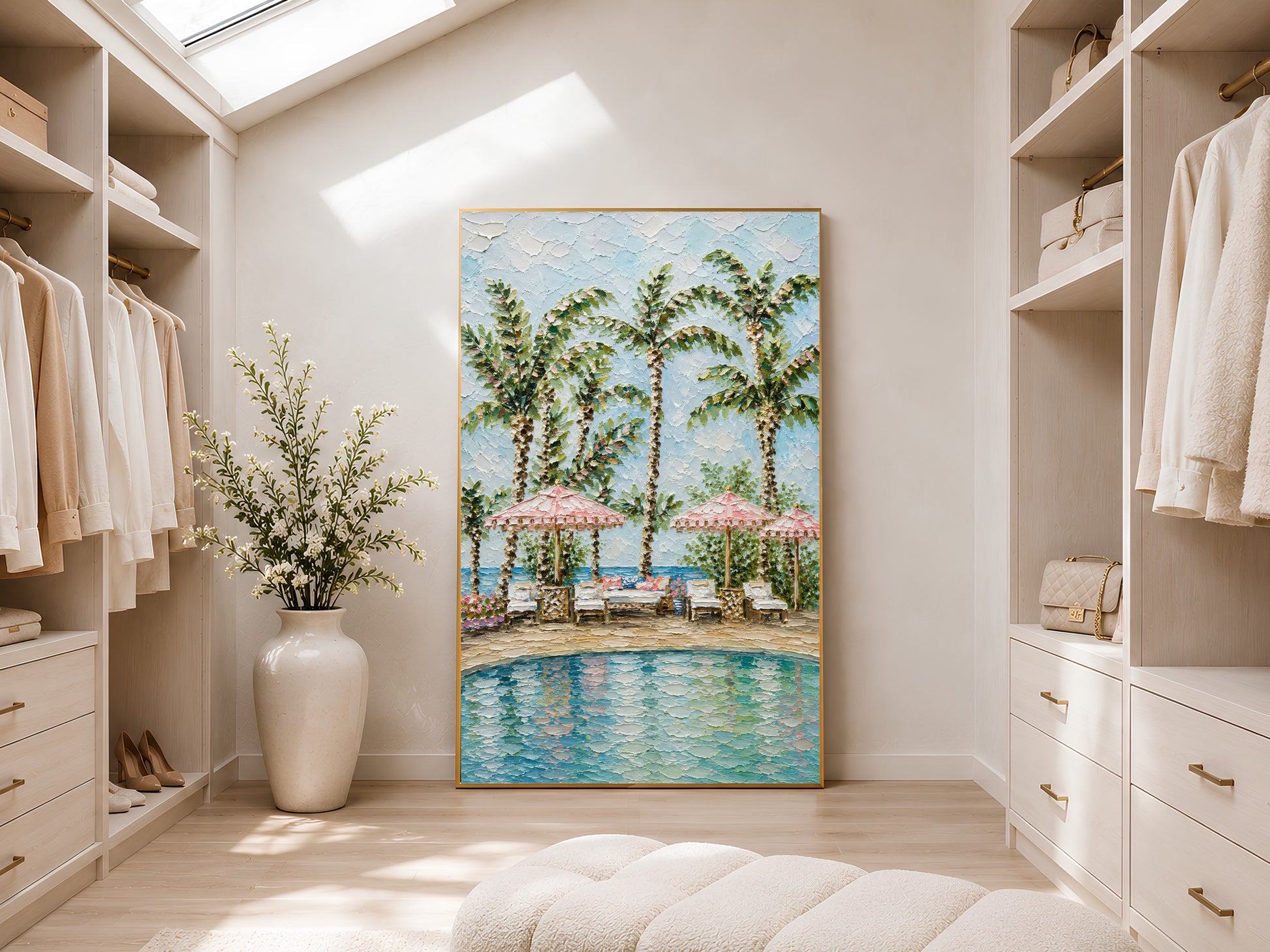 Resort pool impasto print in a gold frame displayed in a bright walk-in wardrobe with neutral shelving, recessed lighting, and a tall round white vase with dried stems
