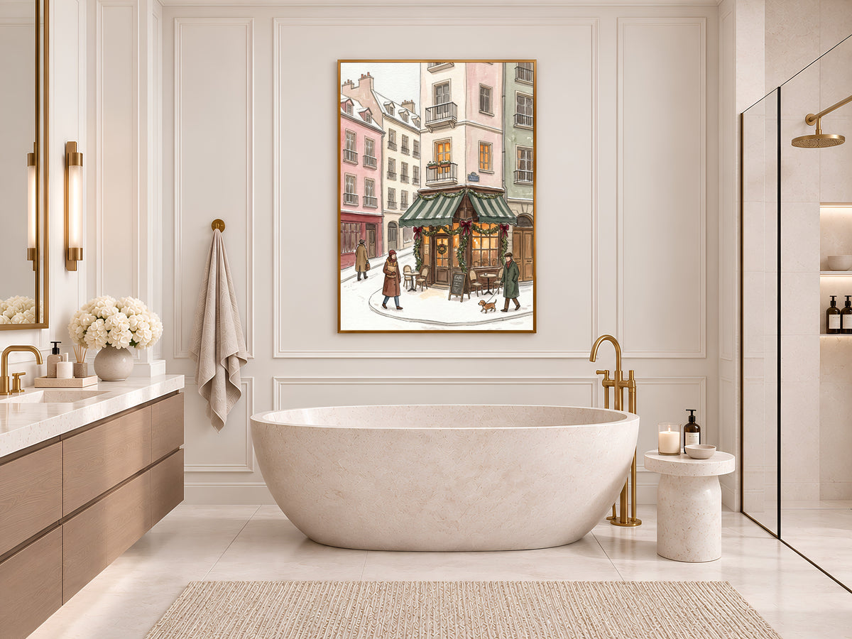 Snowy Paris Cafe Print, Christmas Bistro Watercolor, Winter Street Scene, Holiday Digital Download