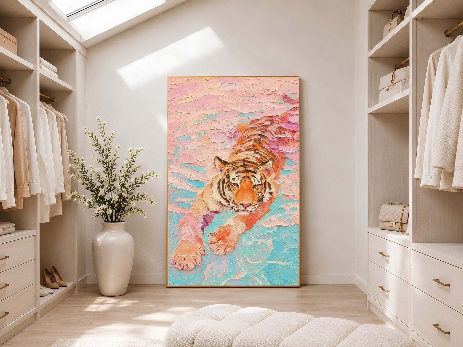 Framed pastel tiger impasto print leaning against white shelving in a bright walk-in wardrobe with skylight and neutral cabinetry
