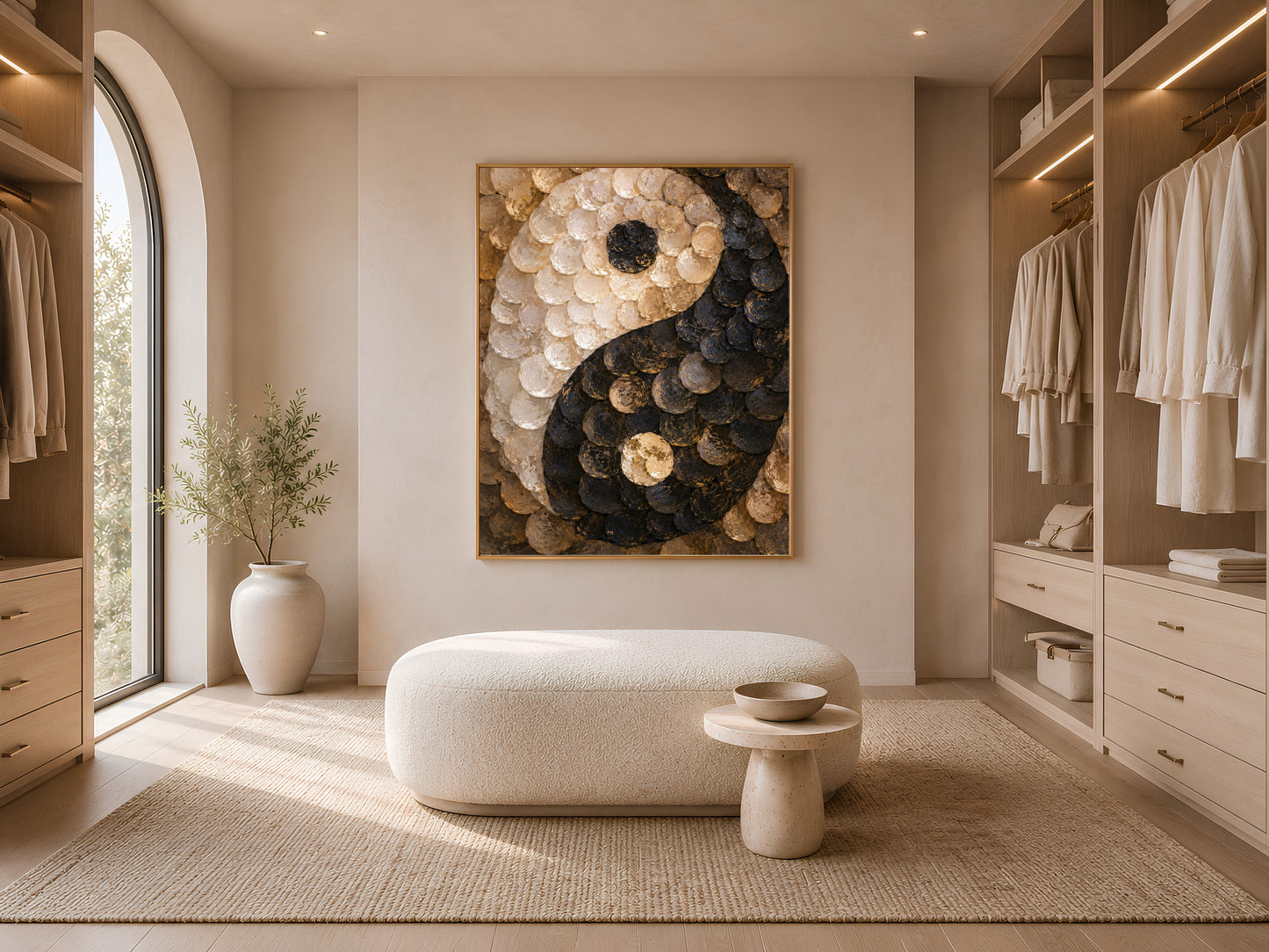 Capiz shell yin yang art in walk-in closet with open shelving
