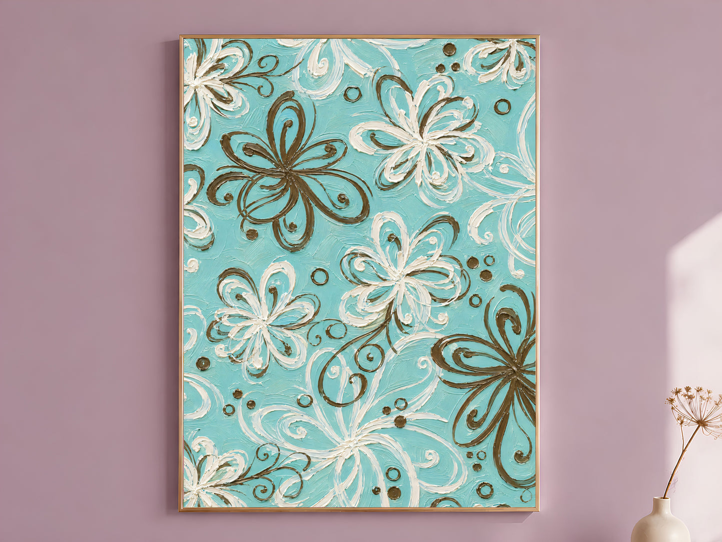 Turquoise retro swirl floral impasto wall art in gold frame on mauve wall with dried flower stems
