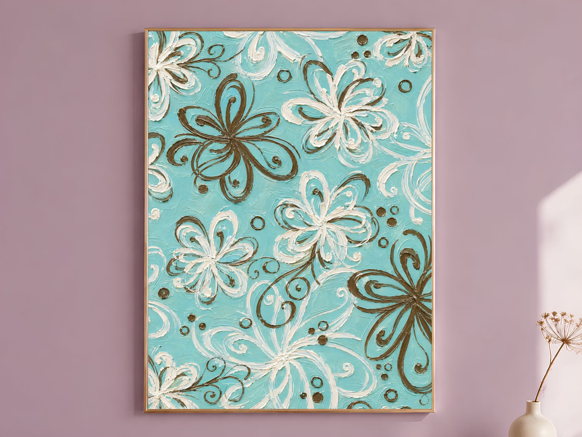 Turquoise retro swirl floral impasto wall art in gold frame on mauve wall with dried flower stems
