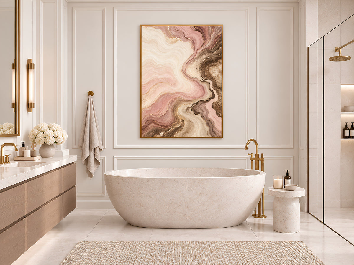 Blush Pink and Brown Abstract Wall Art, Dusty Rose Marble Swirl Print with Gold Veins, Printable Neutral Mocha Decor, Digital Download