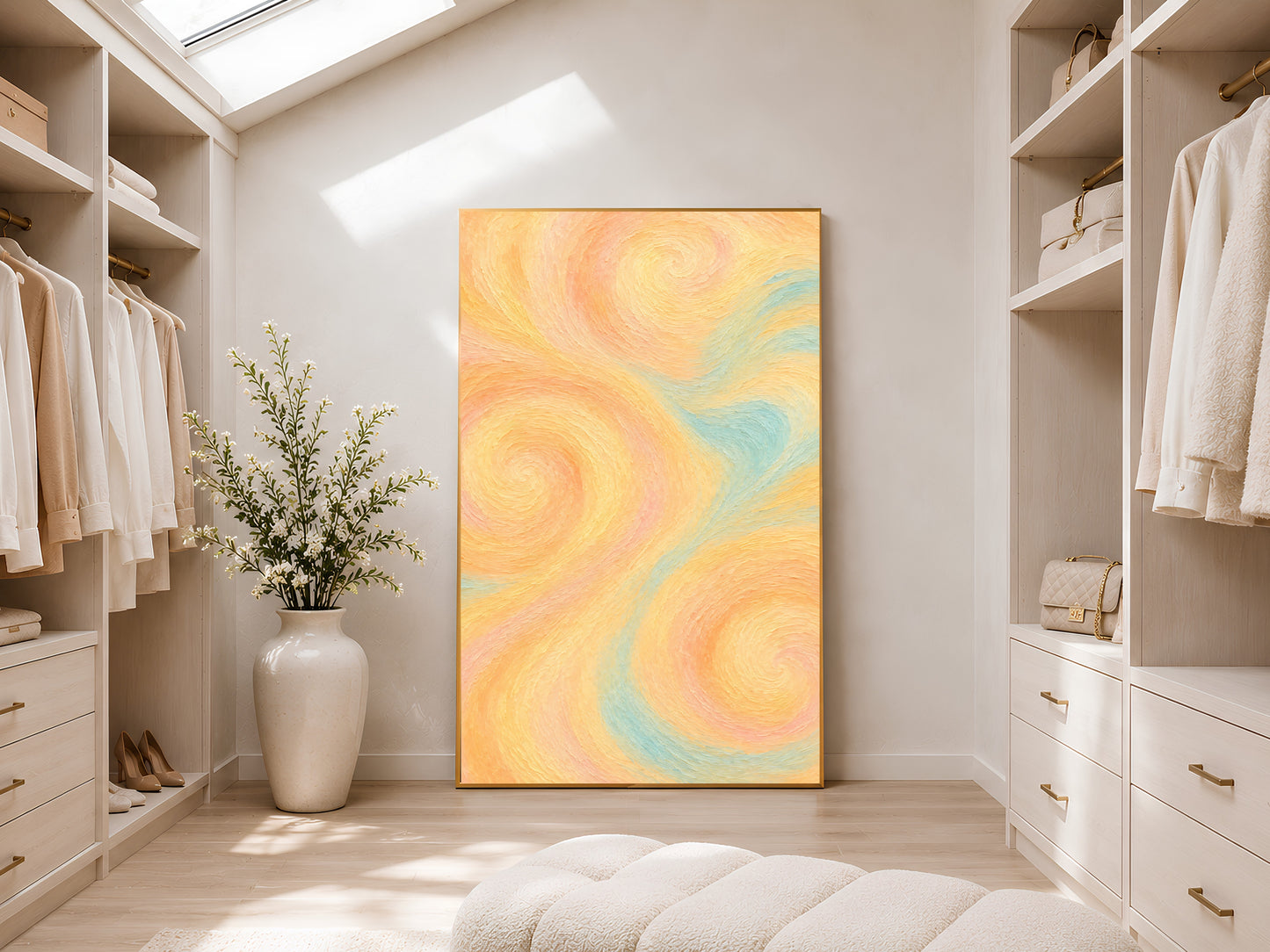 Pastel swirl abstract wall art print framed in a walk-in closet with built-in shelving, skylight, and a ceramic floor vase with greenery.
