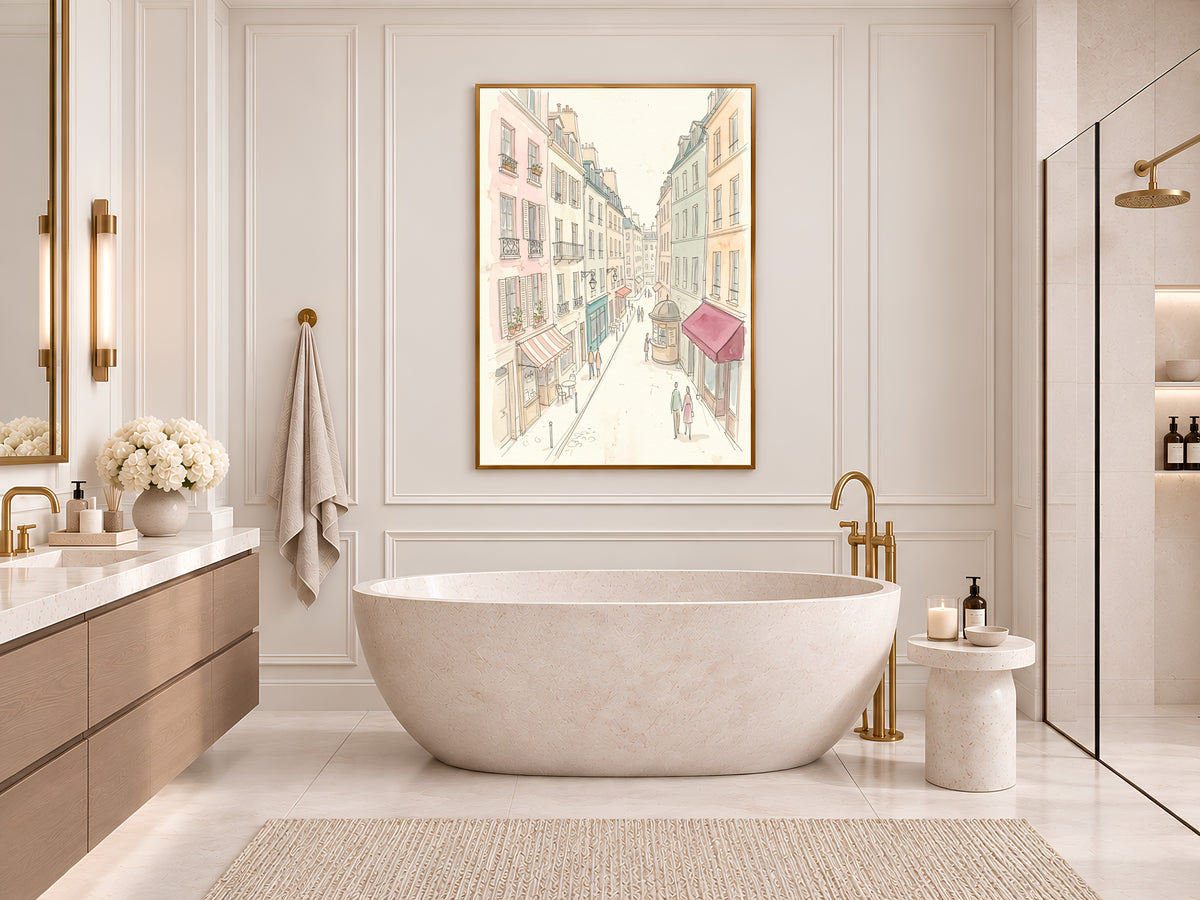 Paris Street Watercolor Print, Pastel Parisian Cafe Scene, French Wall Art, Printable Digital Download
