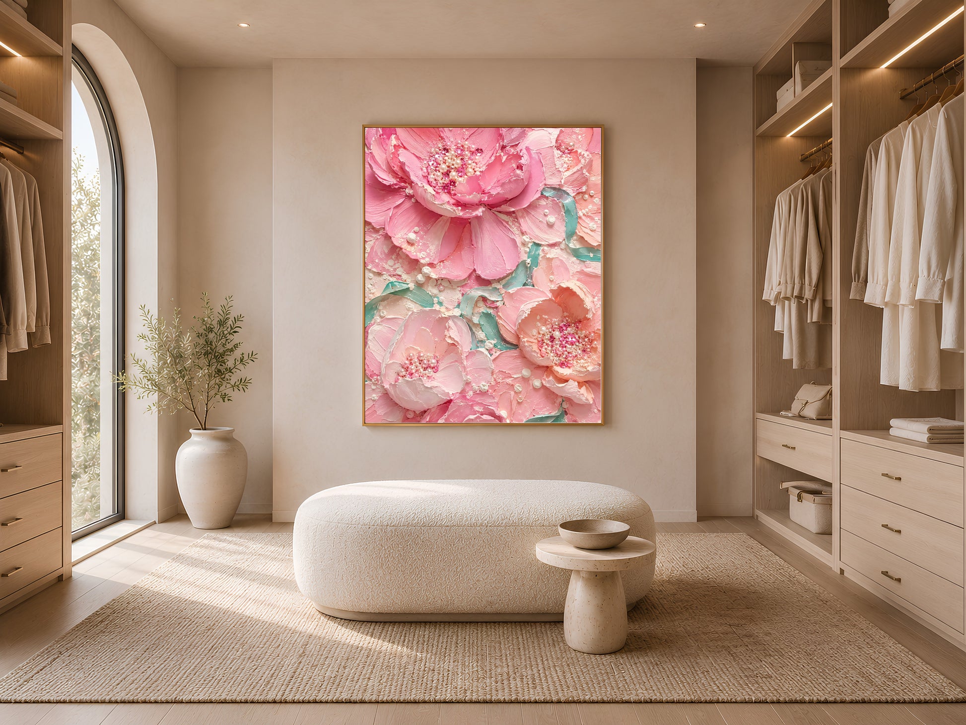 Blush pink floral print displayed on wall of a natural wood walk-in closet
