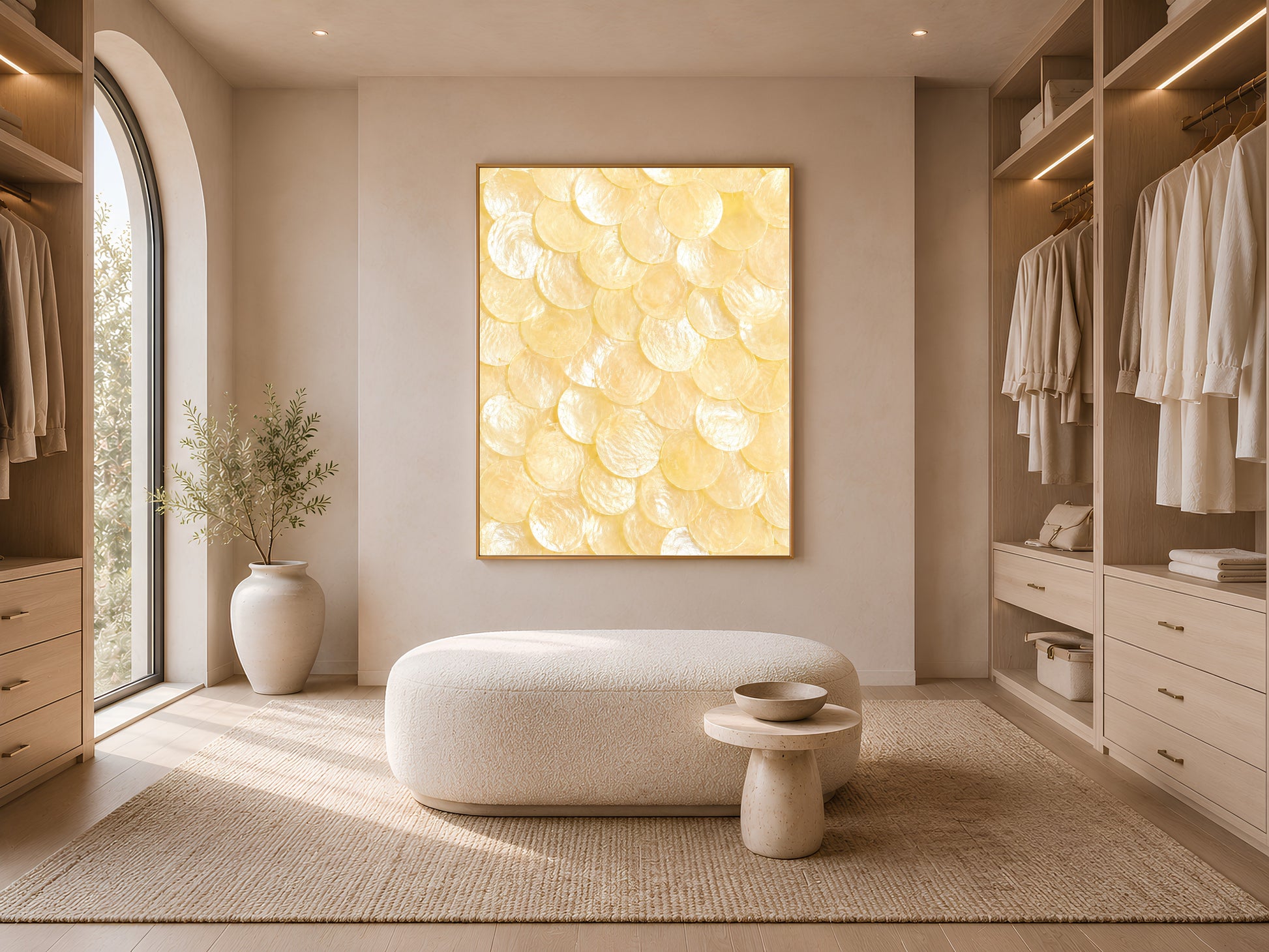 Capiz shell wall art in a gold frame in a walk-in closet with a round ottoman and neutral wardrobe styling
