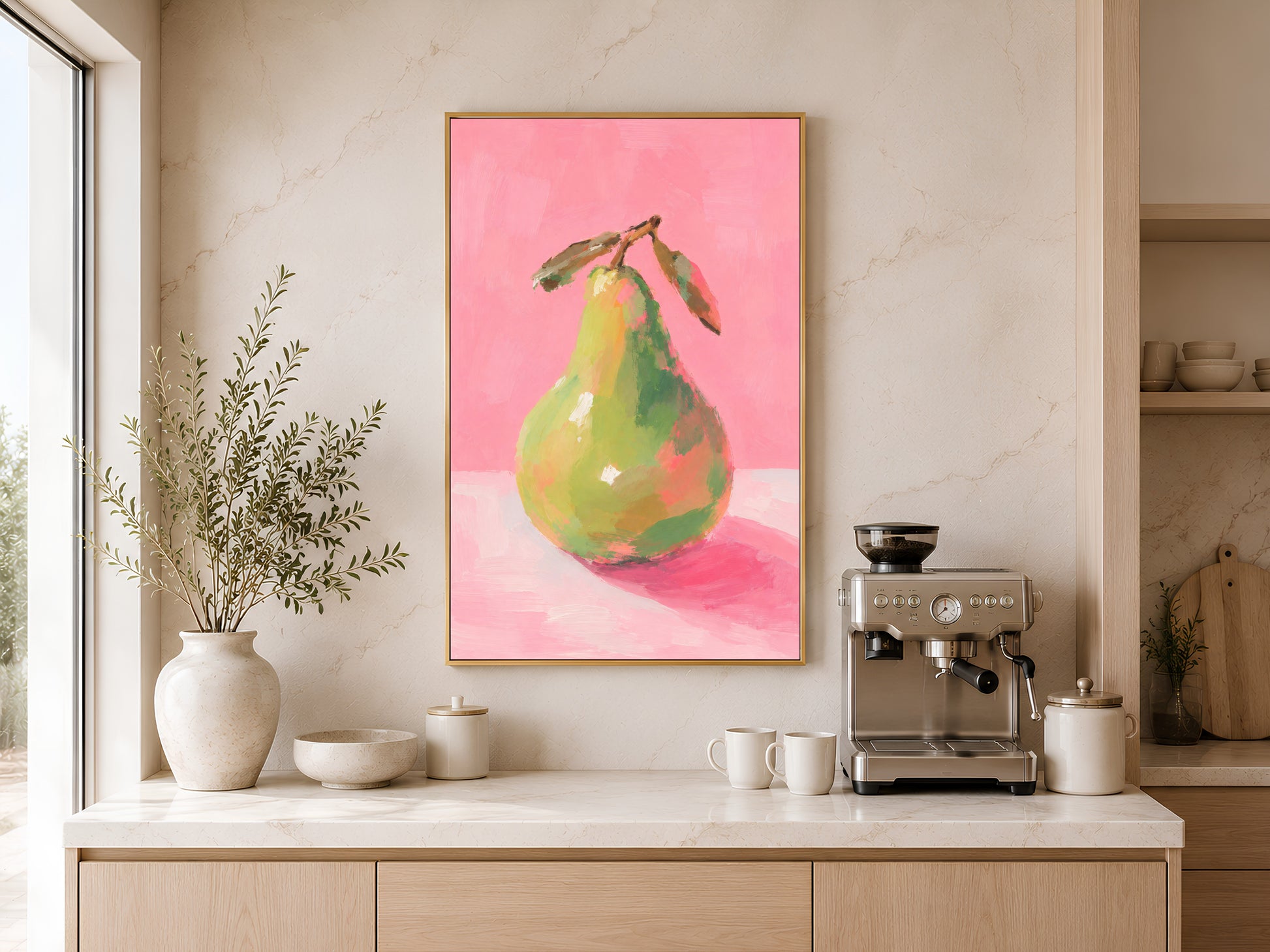 Framed impasto green pear print on warm beige wall above console table with coffee maker in minimal coastal kitchen
