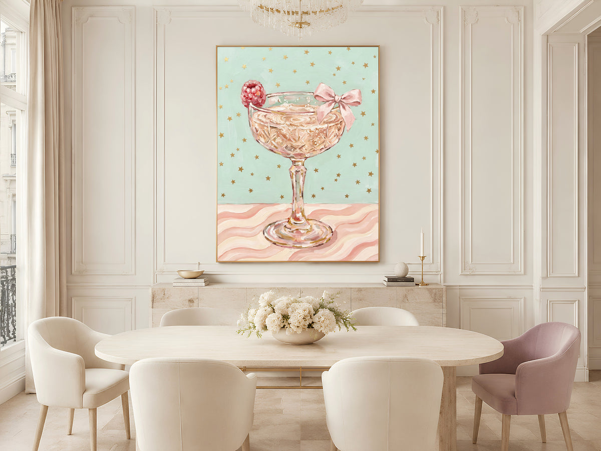 Champagne Coupe Wall Art, Pink Bow Coquette Oil Painting Print - Digital Download