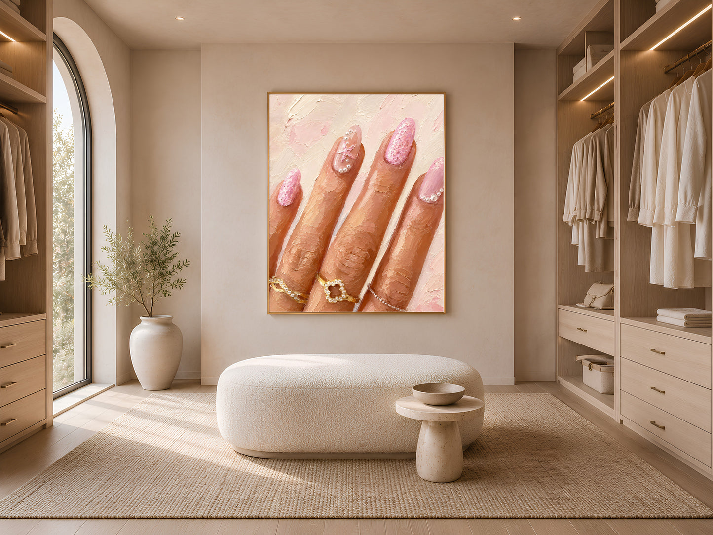 Framed manicure wall art in a walk-in closet with an upholstered ottoman