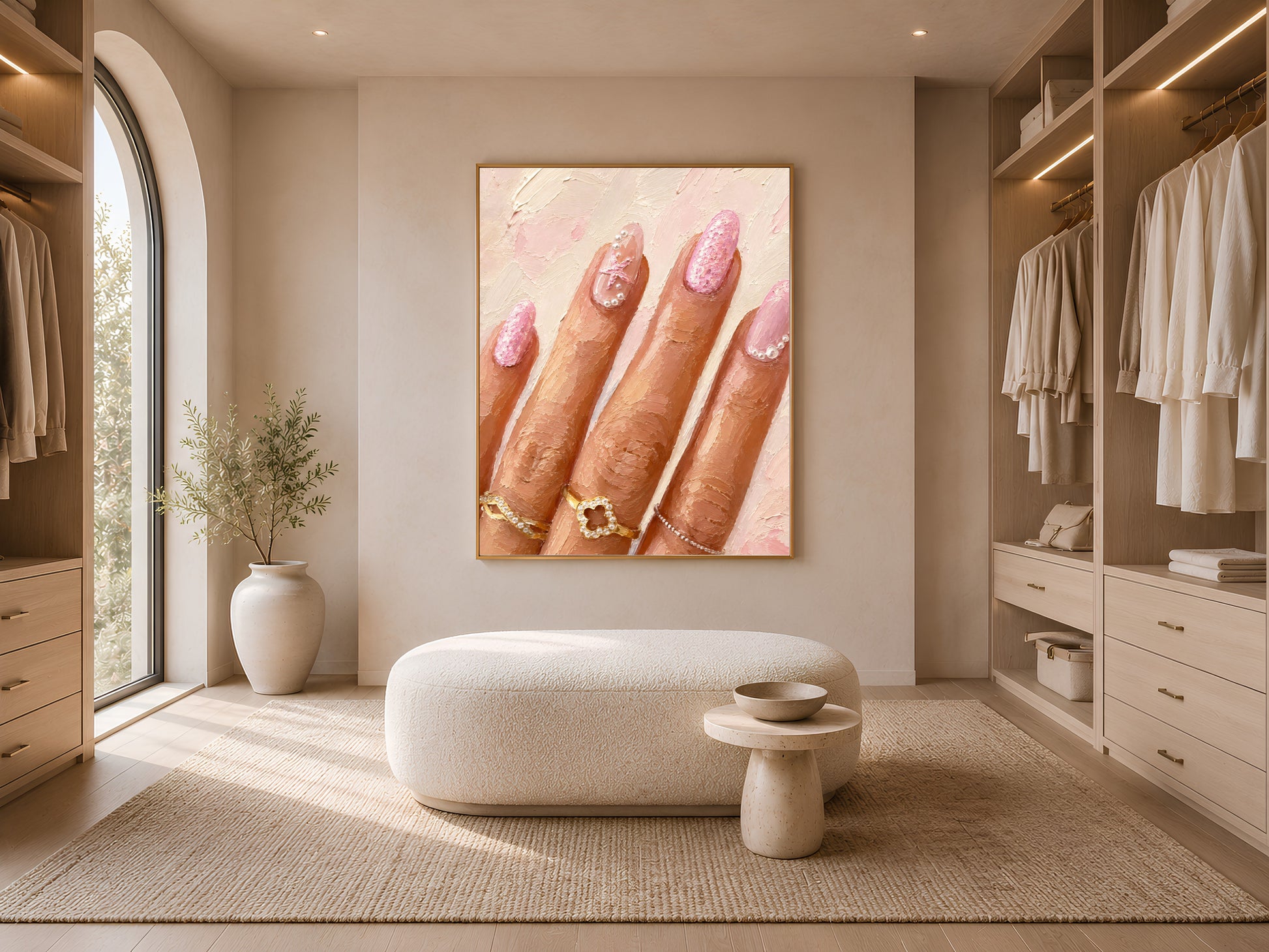 Framed manicure wall art in a walk-in closet with an upholstered ottoman