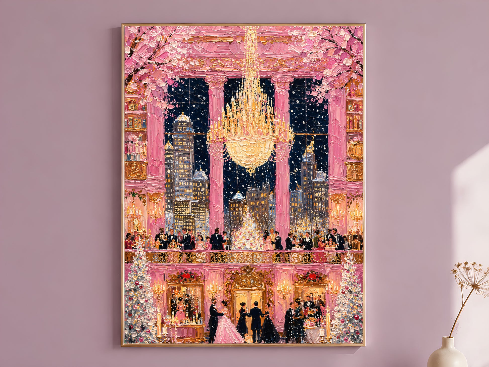 Pink ballroom chandelier gala impasto wall art in gold frame on mauve wall with dried flower stems
