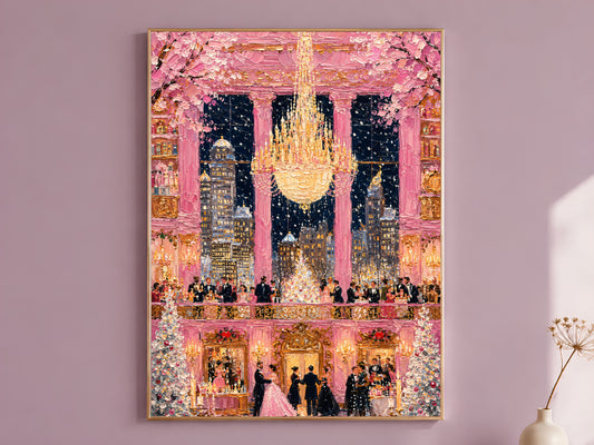 Pink ballroom chandelier gala impasto wall art in gold frame on mauve wall with dried flower stems

