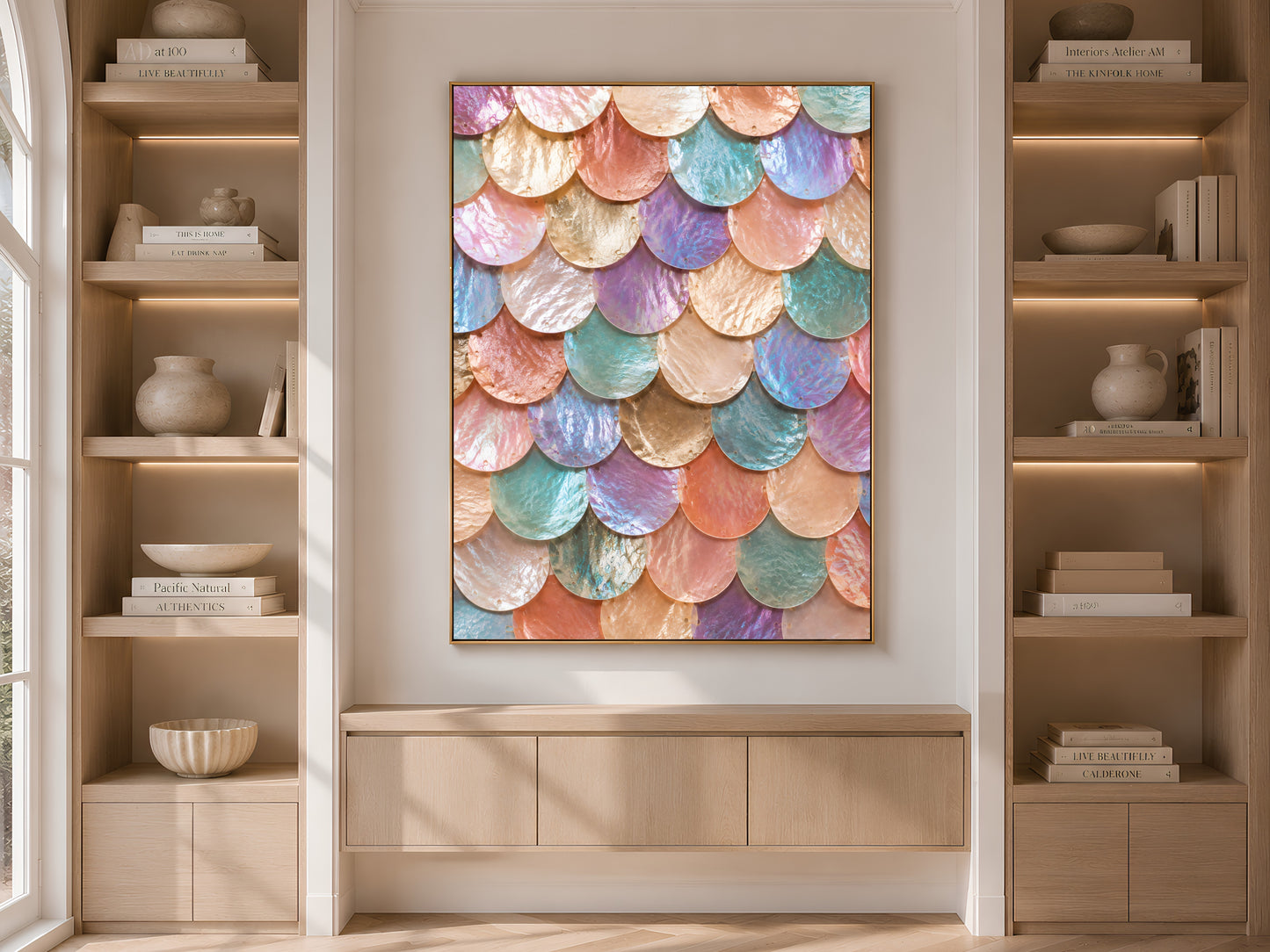 Rainbow mermaid scale wall art framed above a console table between built-in bookshelves
