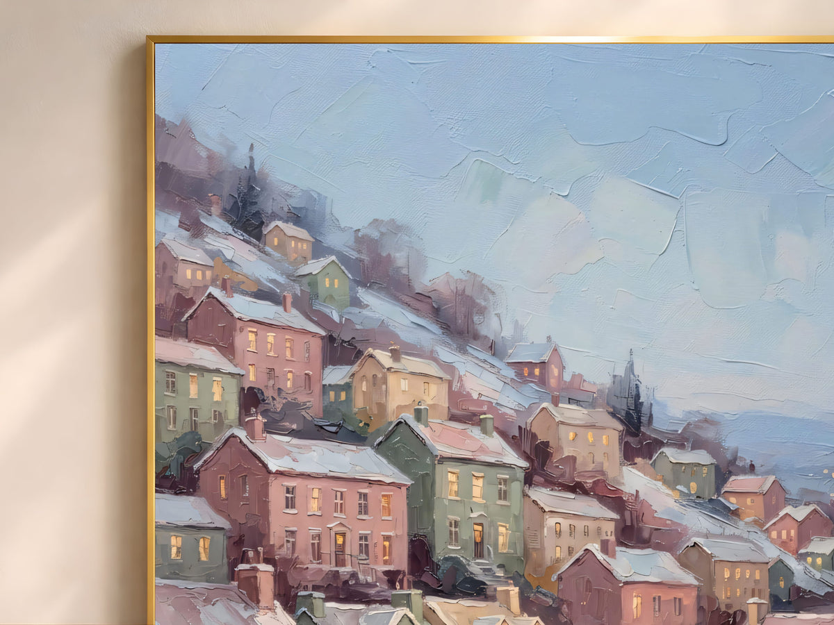 Scandinavian Christmas Wall Art, Pastel Town Square Print - Digital Download