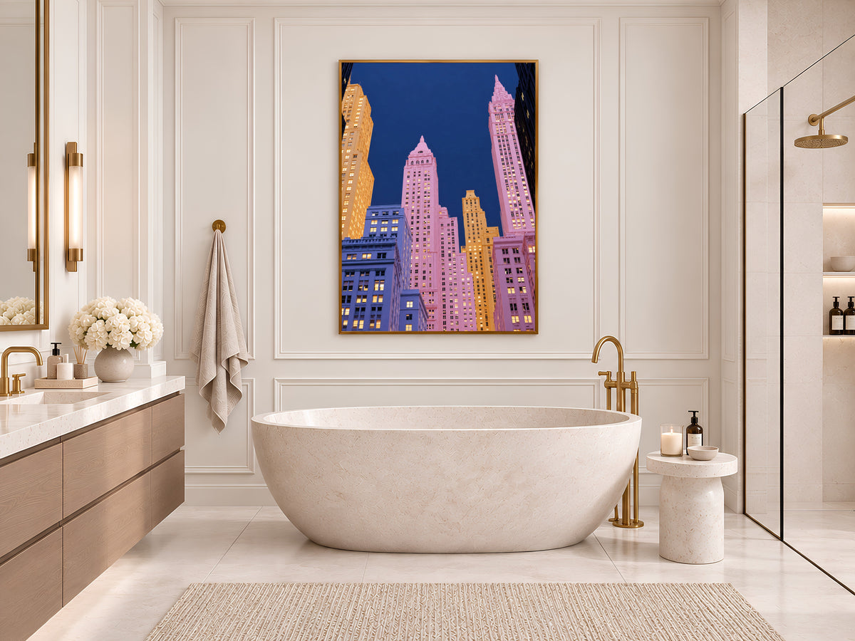 Pink City Skyline Wall Art Print, New York Inspired Art Deco Skyscrapers at Night, Pastel Pink and Navy Printable Decor, Digital Download
