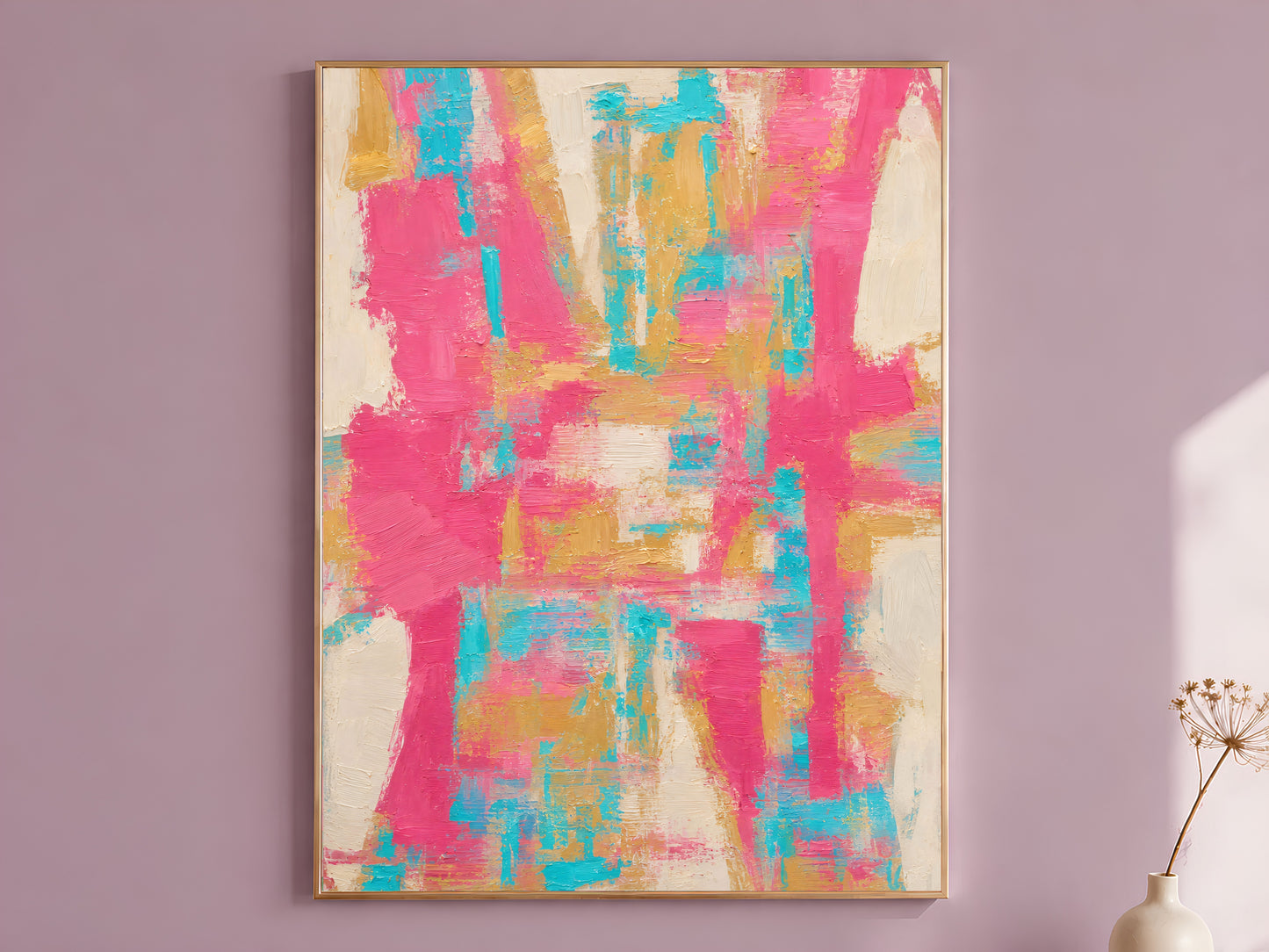 Bold hot pink teal and gold abstract impasto wall art in a wood frame displayed on a dusty mauve wall with dried florals
