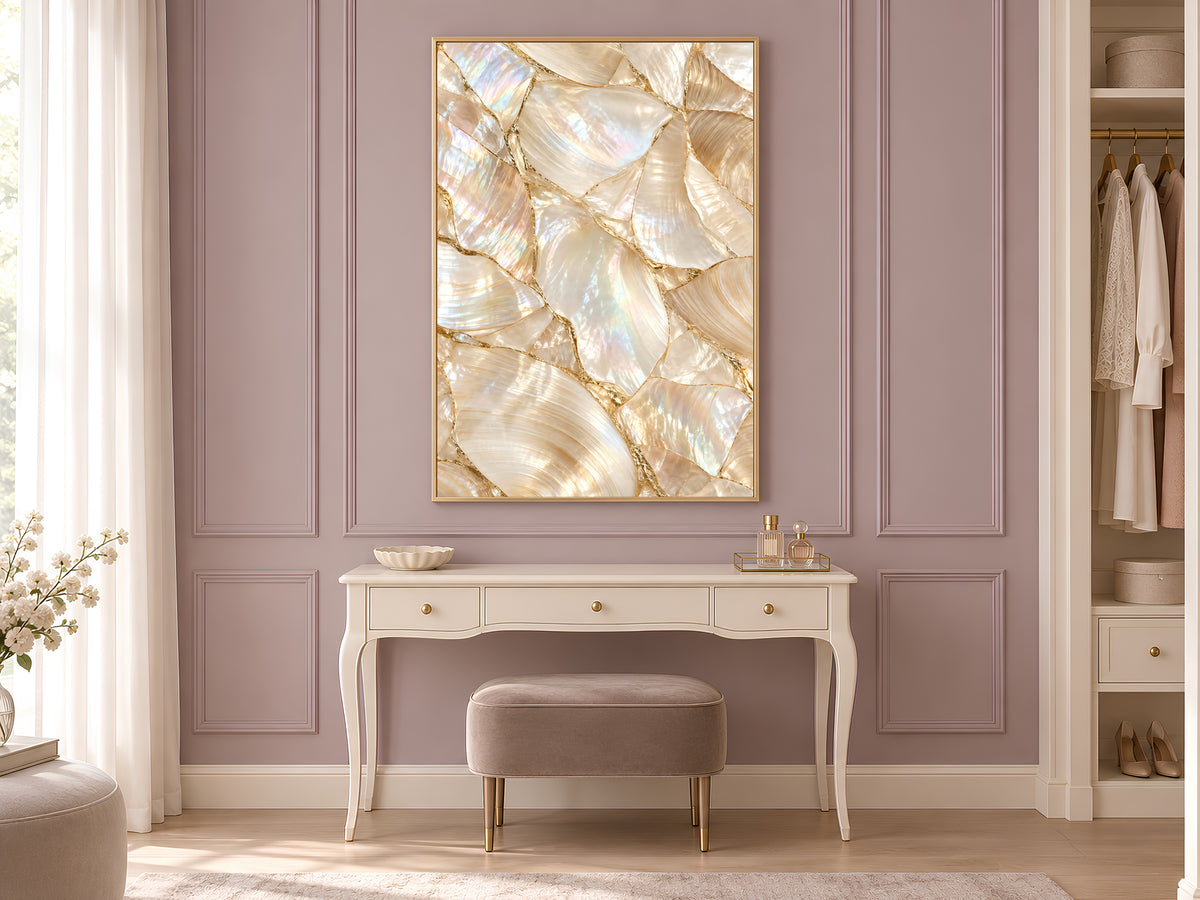 Mother of Pearl Wall Art, Iridescent Shell Print, Gold Kintsugi Coastal Decor, Pearlcore Bathroom Poster, Neutral Printable Instant Download