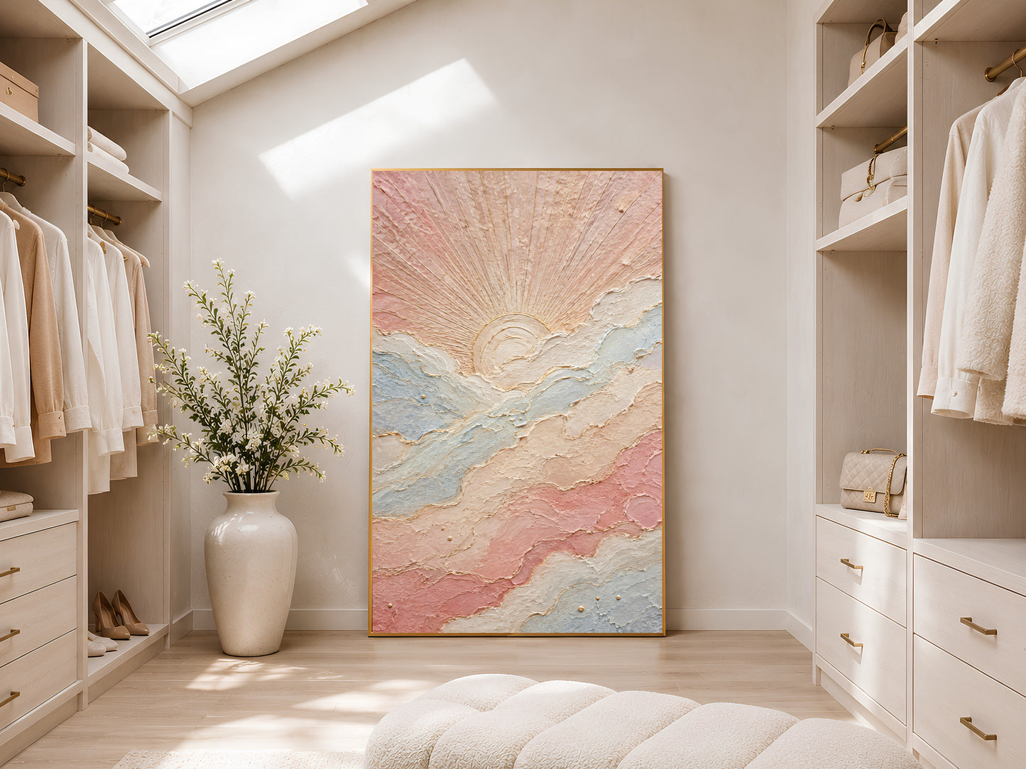 Pastel sun wall art print in walk-in closet with greenery, boho impasto sunrise painting digital download
