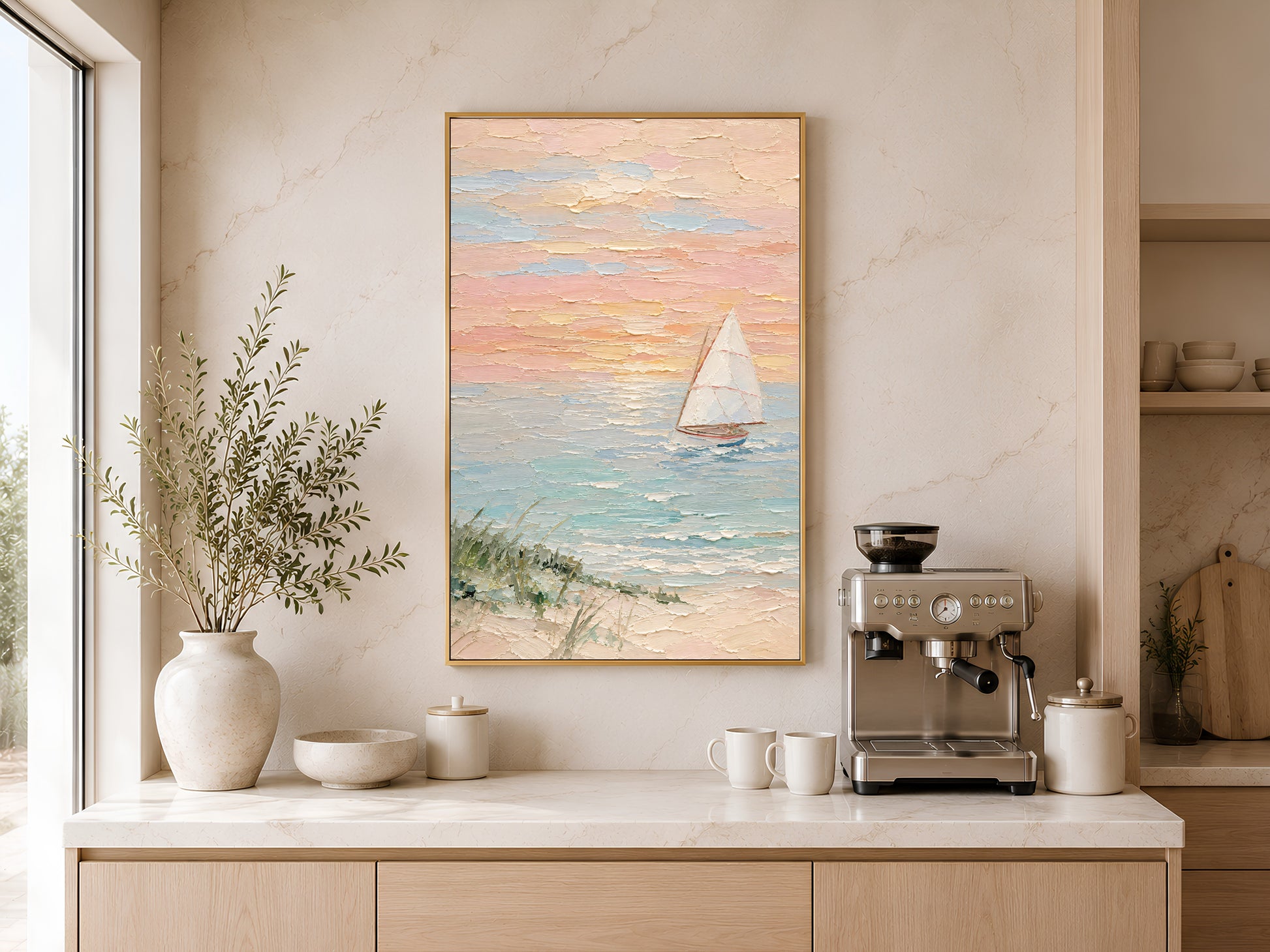 Framed pastel sailboat seascape wall art displayed above a wooden sideboard with ceramic vases and coffee machine in a warm neutral kitchen space
