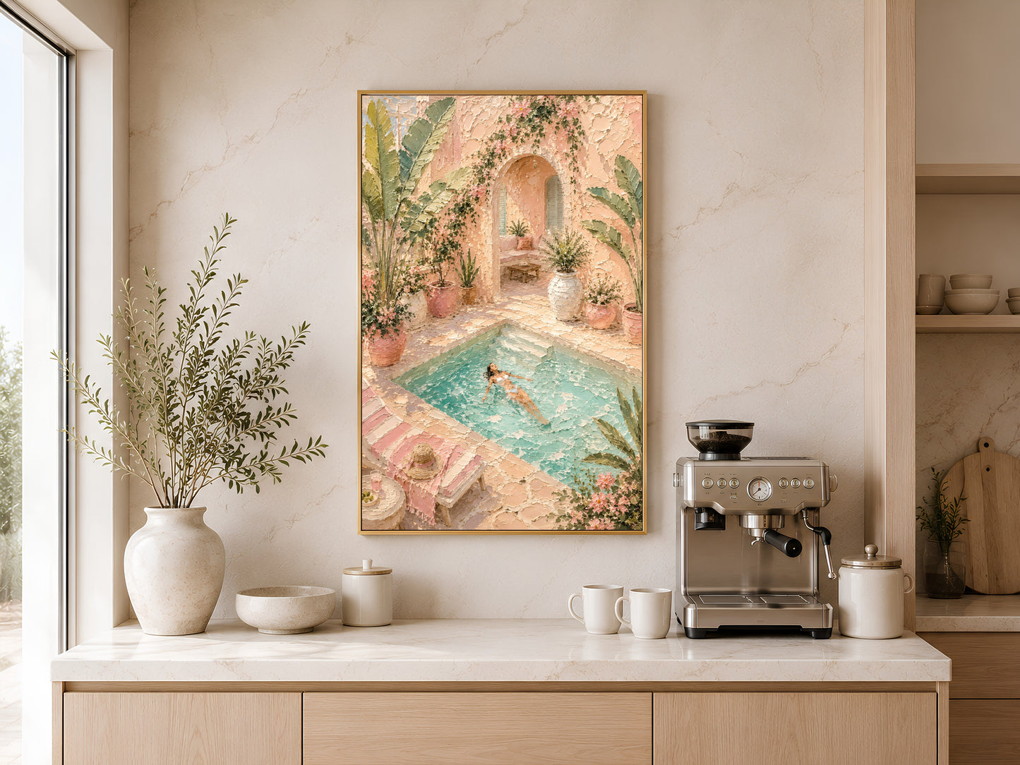 Framed pool villa impasto print in a gold frame on a warm white wall in a bright home office with wooden sideboard, ceramic vases and soft natural light
