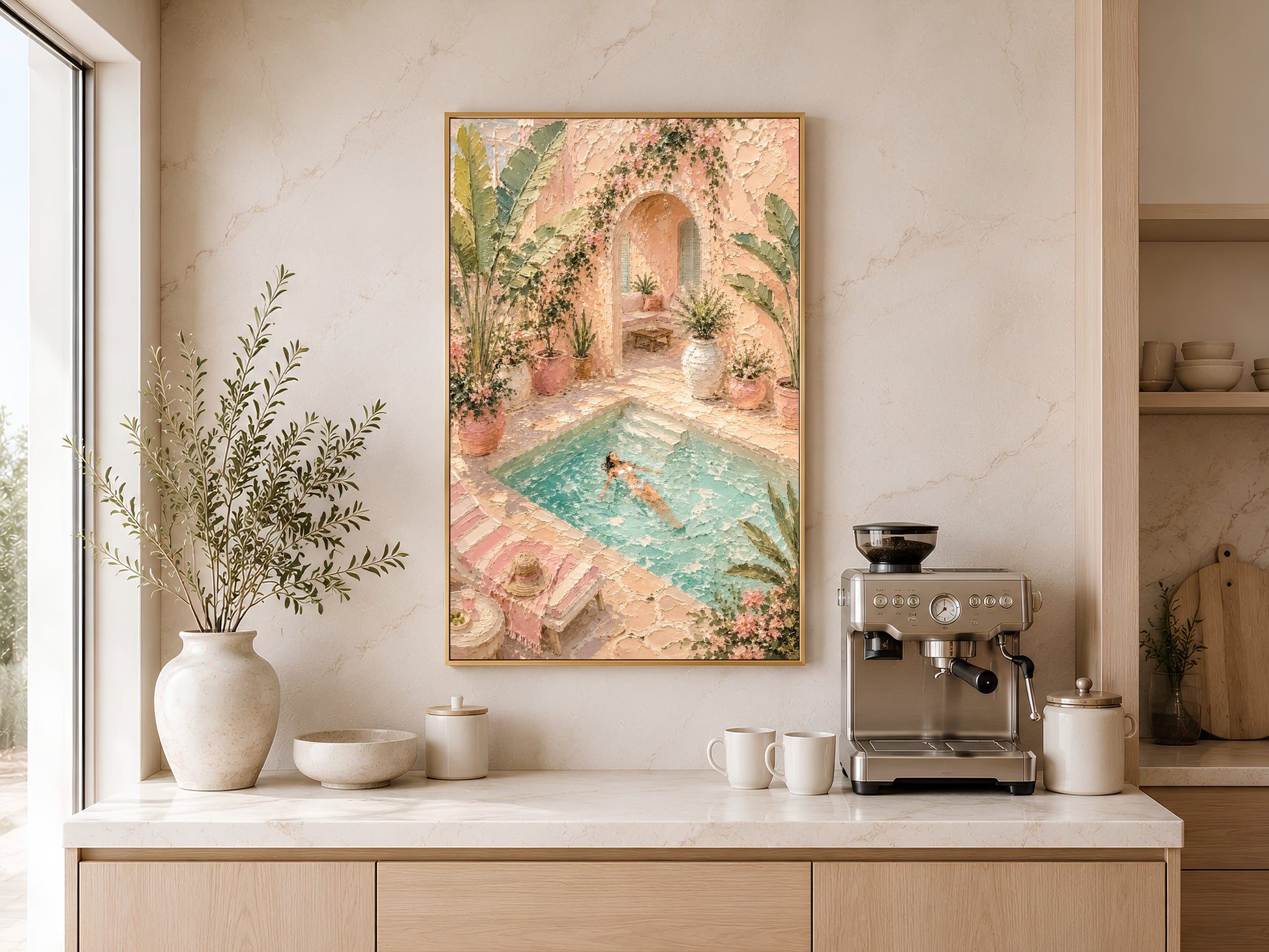 Framed pool villa impasto print in a gold frame on a warm white wall in a bright home office with wooden sideboard, ceramic vases and soft natural light
