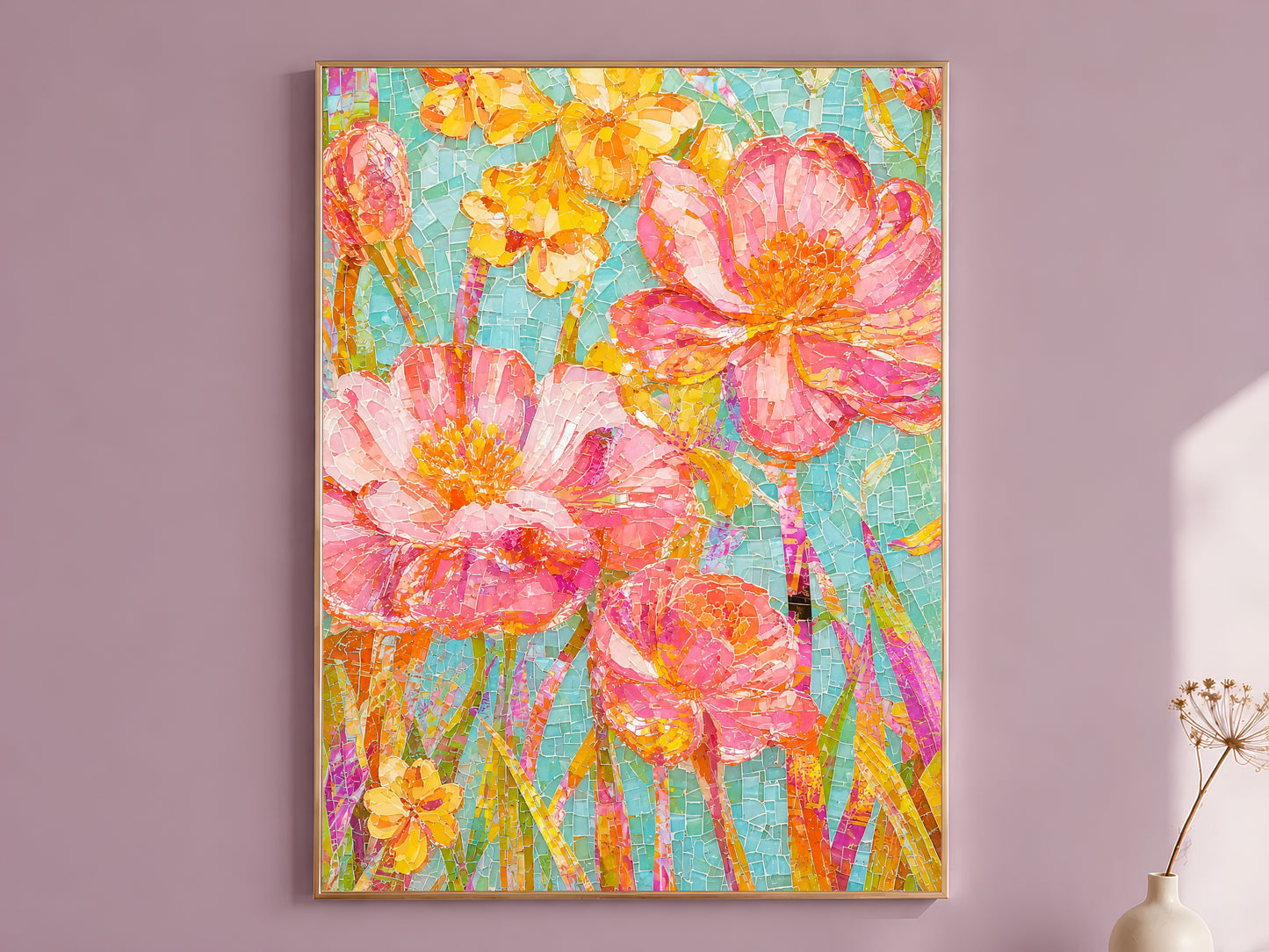 Colorful mosaic tile style floral wall art print in a thin wood frame displayed against a dusty mauve wall, showing hot pink cosmos, golden daffodils, and coral buds on a luminous aqua crackled tile background
