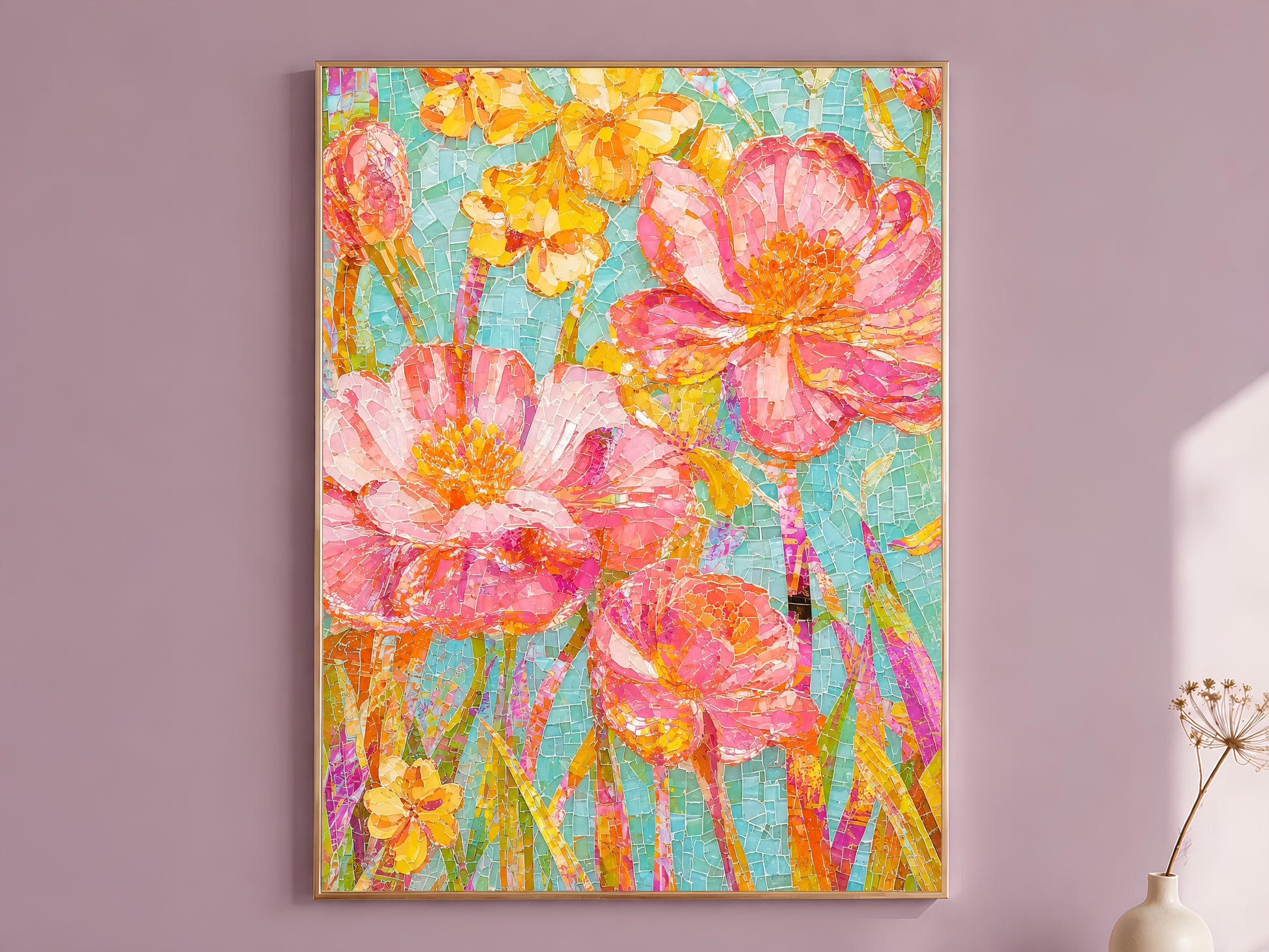 Colorful mosaic tile style floral wall art print in a thin wood frame displayed against a dusty mauve wall, showing hot pink cosmos, golden daffodils, and coral buds on a luminous aqua crackled tile background
