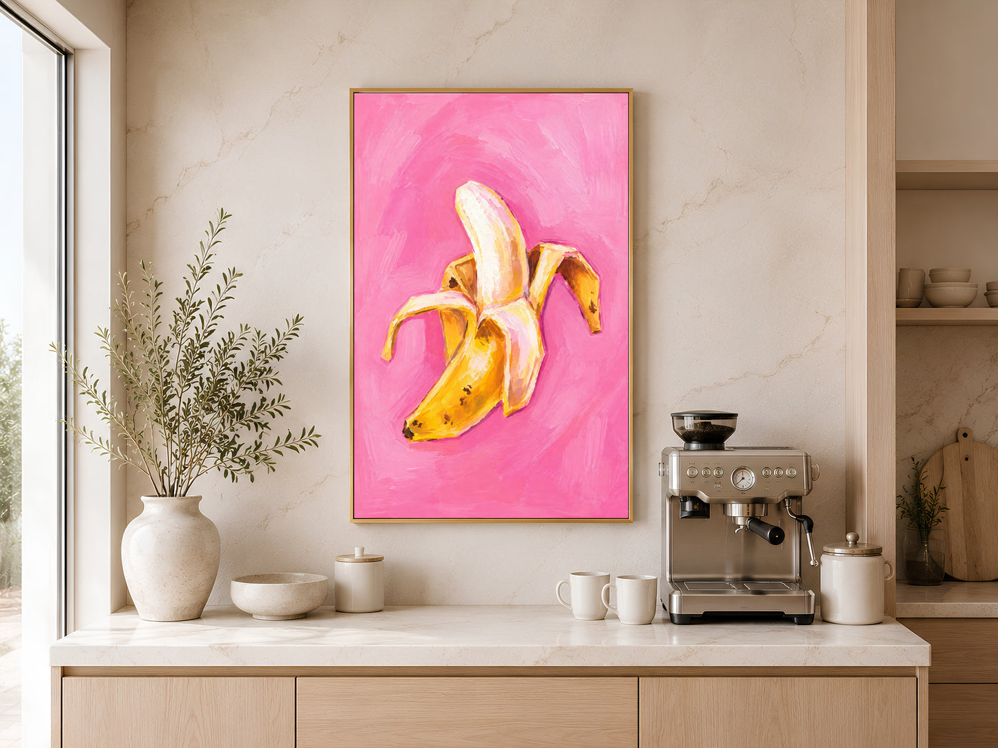 Framed impasto peeled banana wall art on warm beige wall above console table with white vases and coffee maker in minimal kitchen
