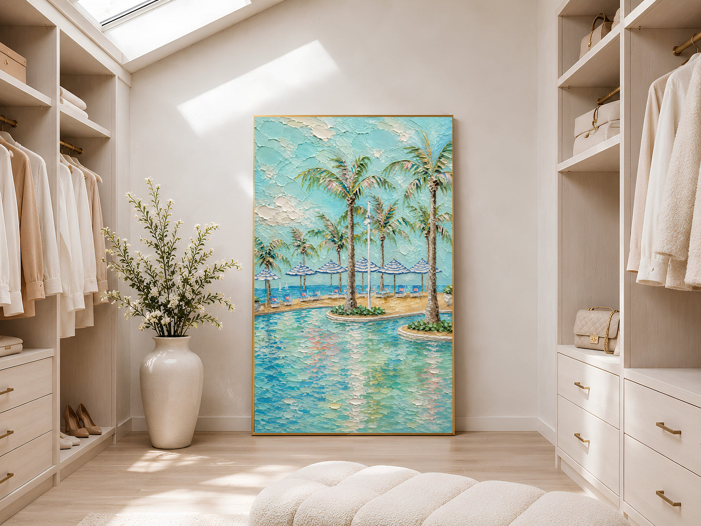 Turquoise tropical pool impasto print in a gold frame displayed in a bright walk-in wardrobe with neutral shelving, recessed lighting, and a tall potted plant
