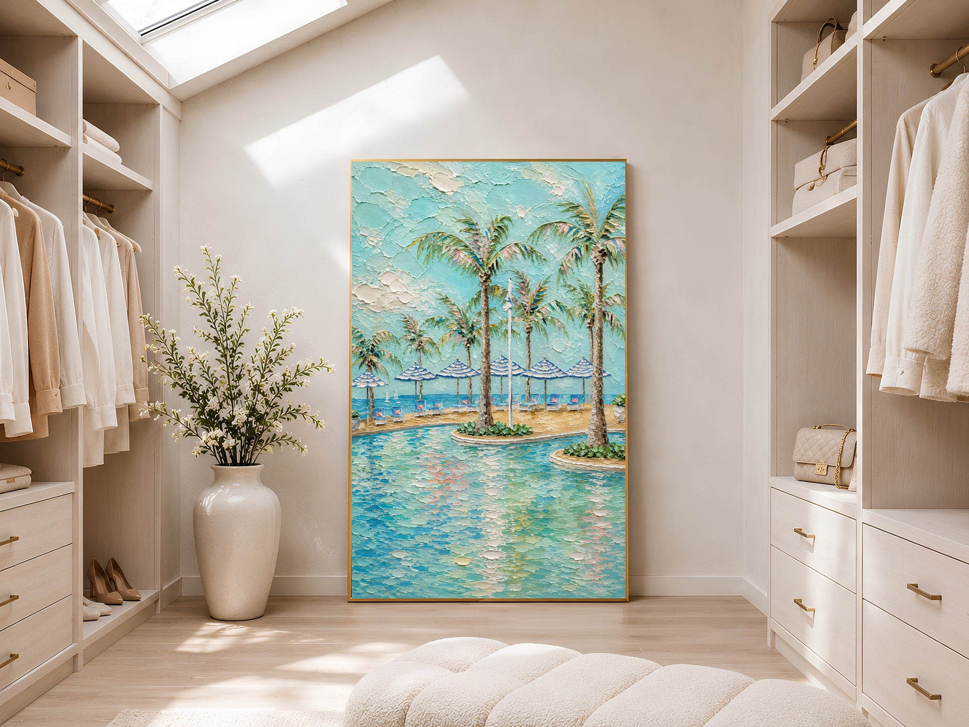 Turquoise tropical pool impasto print in a gold frame displayed in a bright walk-in wardrobe with neutral shelving, recessed lighting, and a tall potted plant
