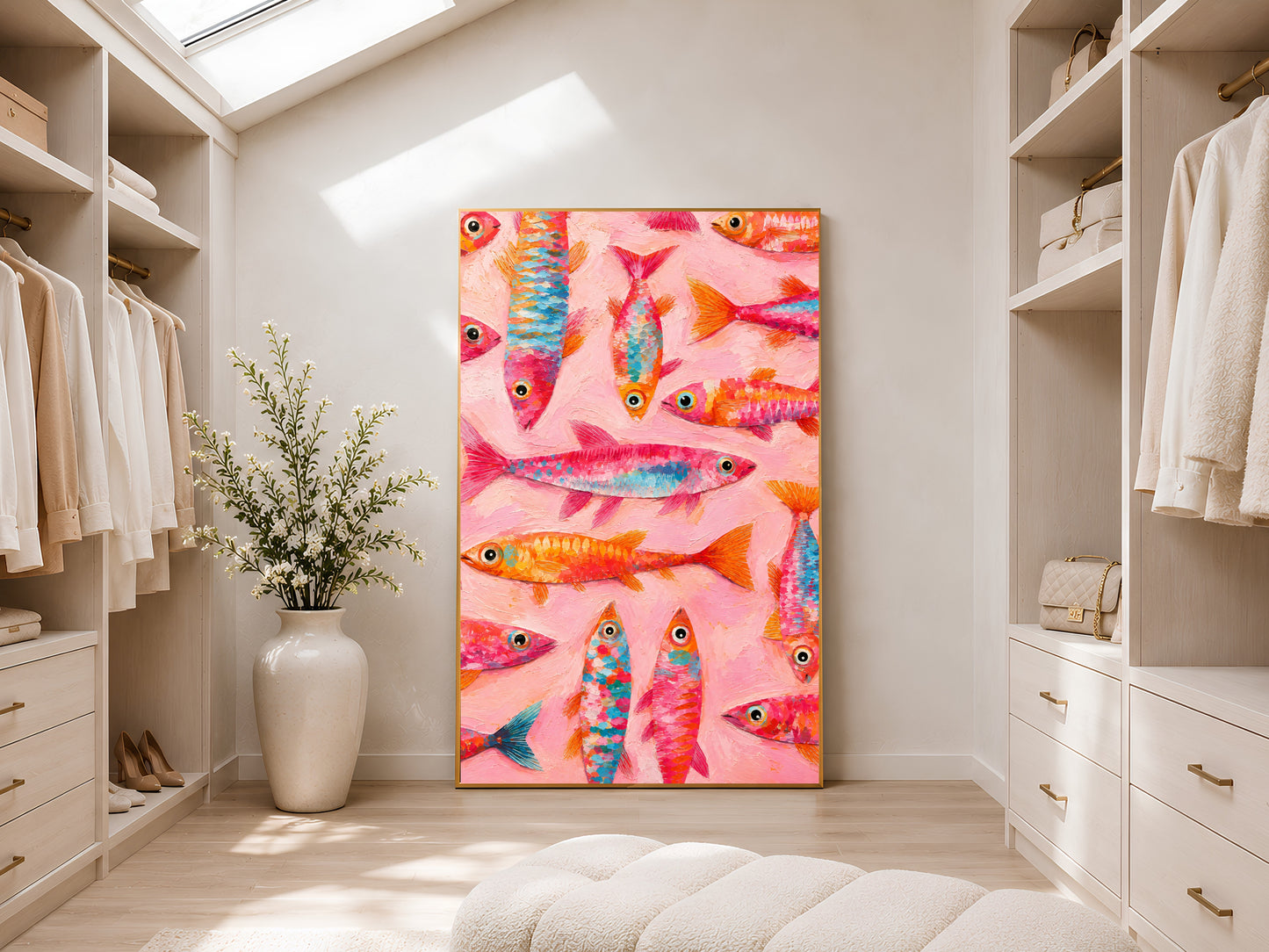 Pink coastal fish wall art printable displayed in a luxurious neutral walk-in closet with soft natural lighting and warm beige decor.