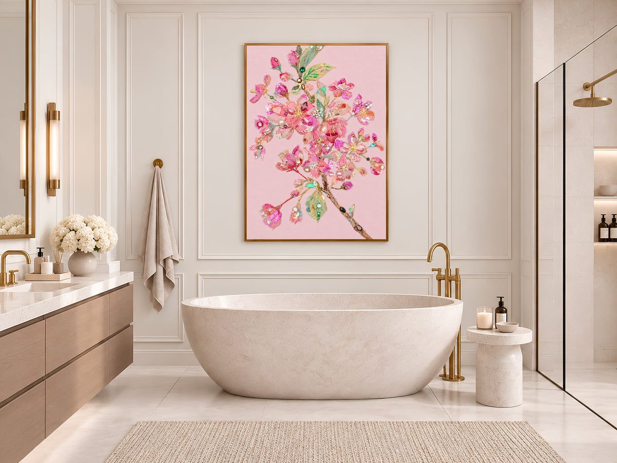 Pink Cherry Blossom Wall Art Print, Embroidery Style Floral Collage with Pearls and Sequins, Printable Coquette Decor, Digital Download