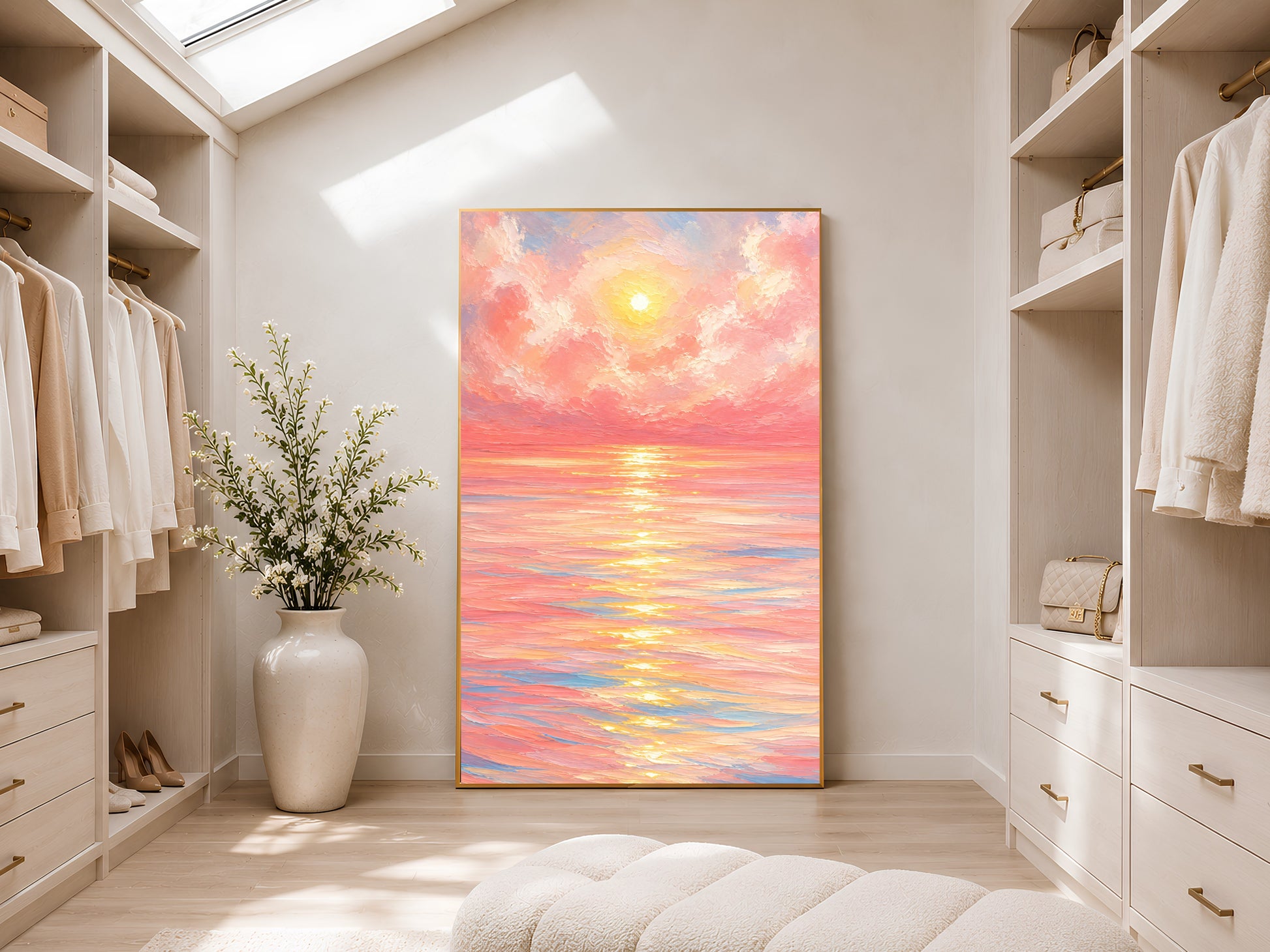Large framed impasto pink sunset ocean print leaning against white wardrobe wall in bright sunlit dressing room
