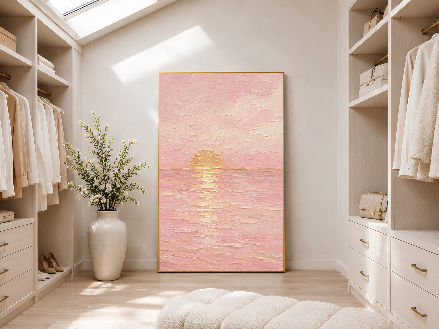 Minimalist ocean sunset print framed and hanging in a bright walk-in closet with skylight.
