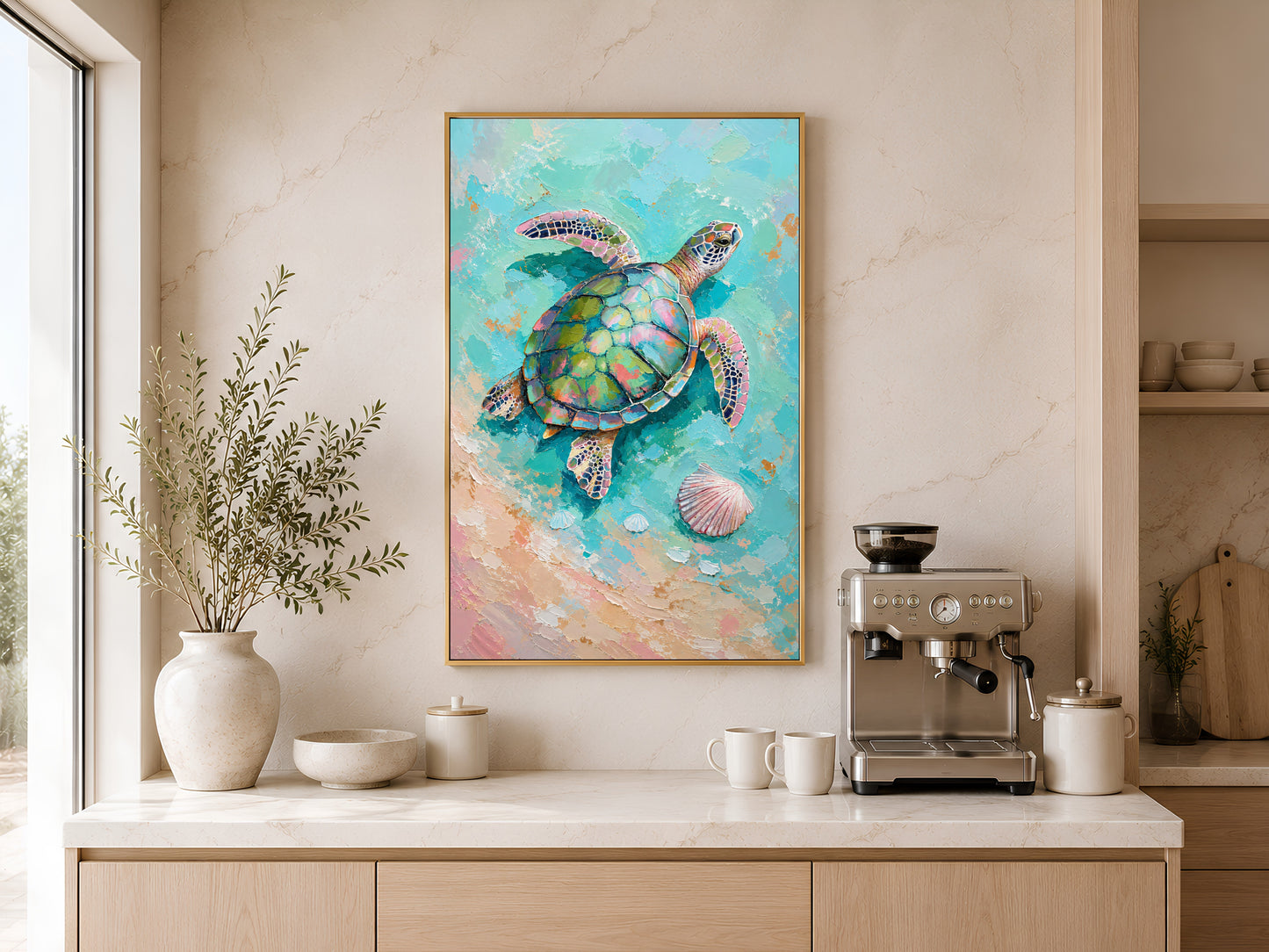 Framed impasto sea turtle print on warm beige wall above console table with white vases and coffee maker in minimal coastal kitchen
