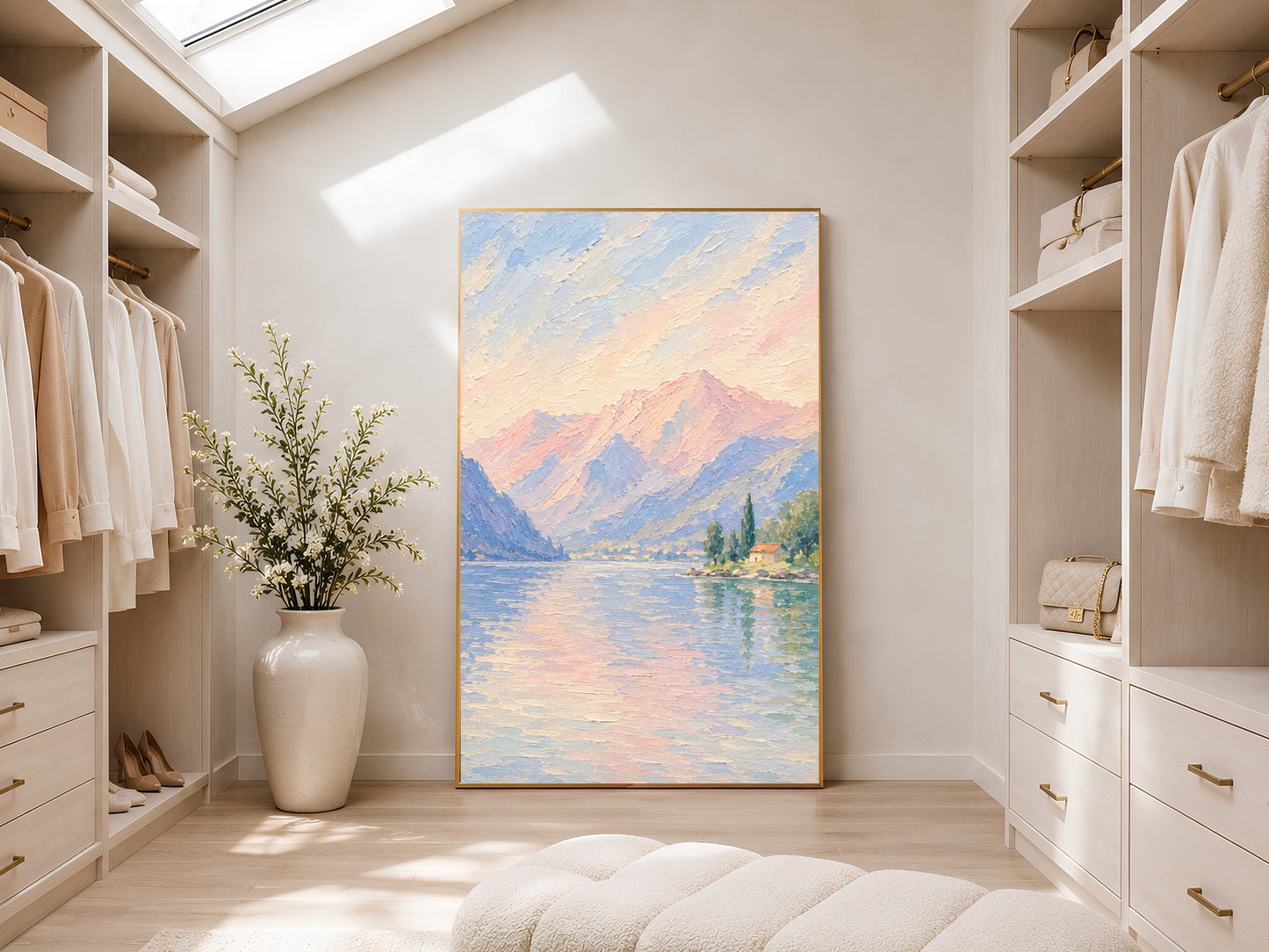 Italian lake painting framed above a bed in a warm neutral bedroom.
