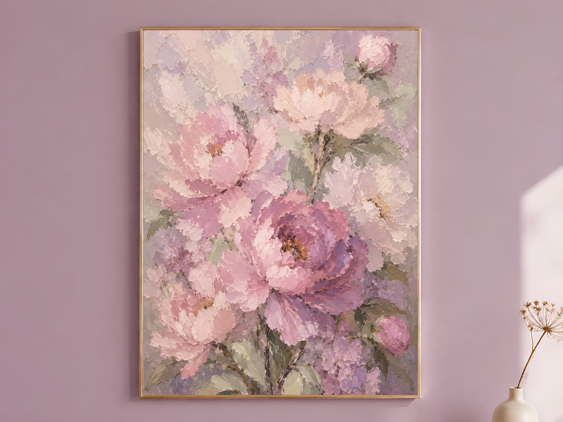 Impasto oil painting style peony wall art print in a thin gold frame displayed against a dusty mauve wall, showing full-bloom peonies in dusty rose, antique blush, and soft lavender with sage green leaves