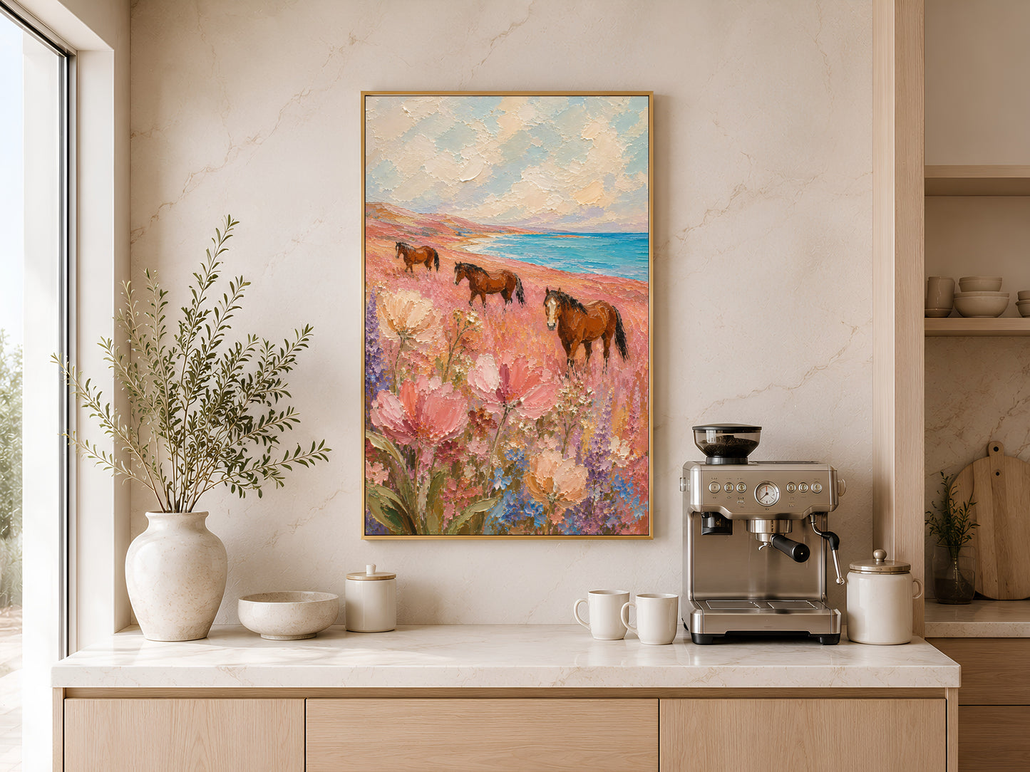 Three chestnut horses in a pink wildflower coastal meadow impasto painting in a gold frame displayed above a light wood sideboard in a modern kitchen with neutral tones, pendant lights, and warm natural light

