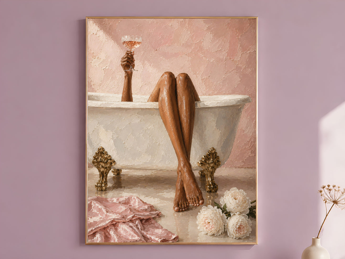 Impasto oil painting wall art print of a woman's bronzed legs draped over a cream clawfoot bathtub with gold baroque feet, white peonies and crumpled pink silk on the floor, in a gold frame against a dusty mauve wall with a dried floral stem in a bud vase