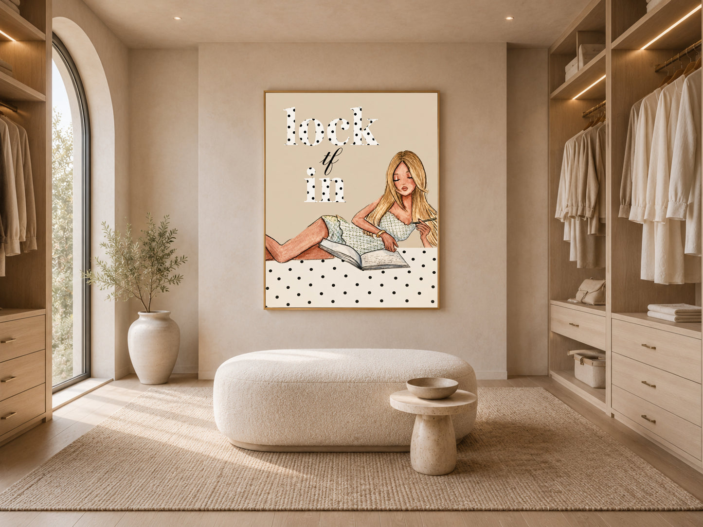 Lock TF In polka dot wall art displayed in a walk-in closet with arched shelving, preppy girl journaling print