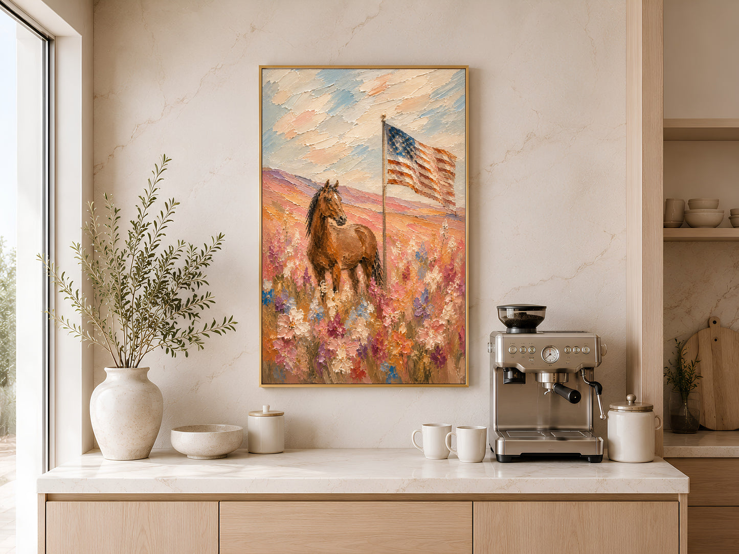 Western patriotic horse and American flag impasto painting in a gold frame displayed above a light wood sideboard in a modern kitchen with neutral tones, pendant light, neutral vases, and warm natural light
