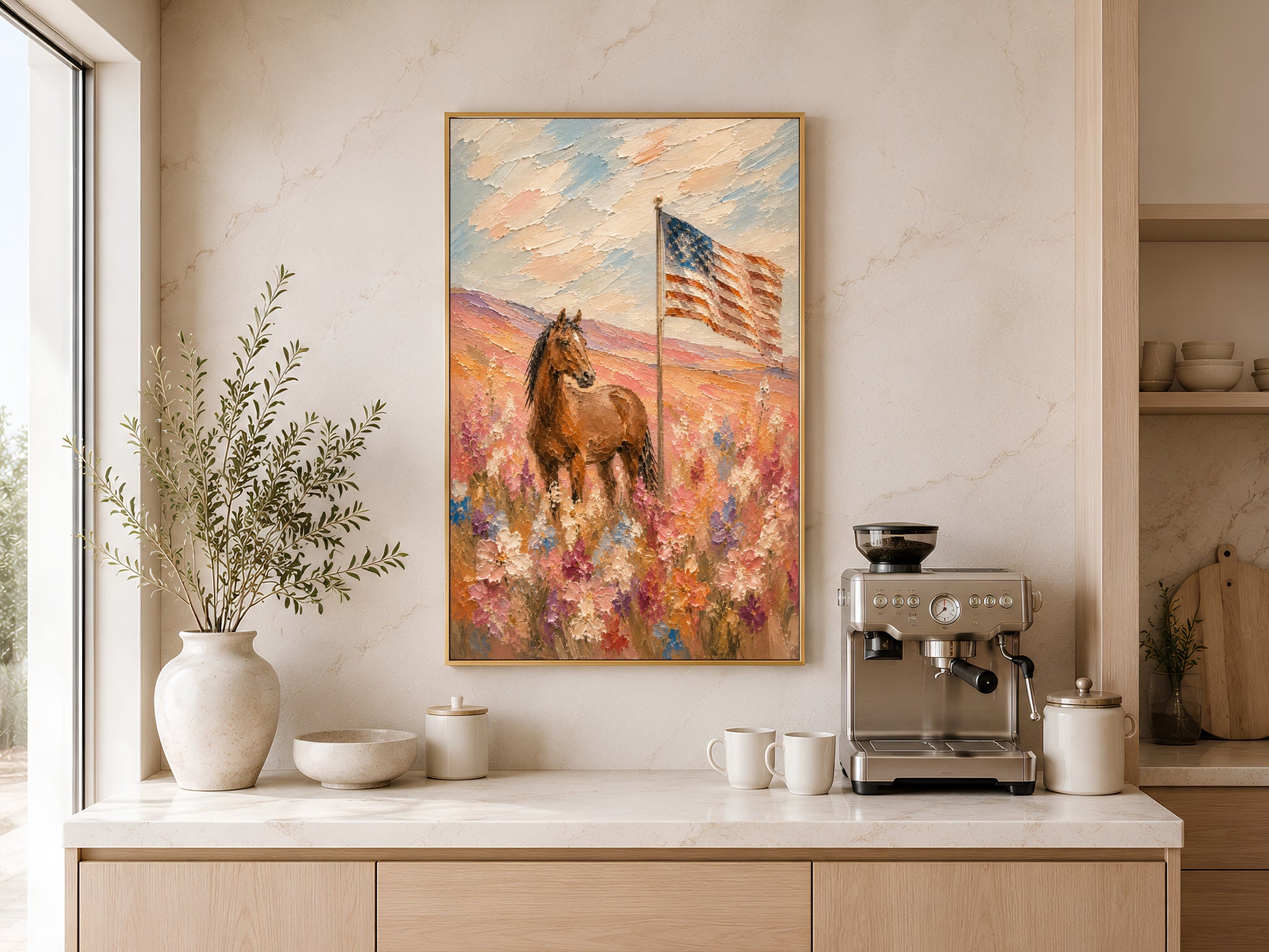 Western patriotic horse and American flag impasto painting in a gold frame displayed above a light wood sideboard in a modern kitchen with neutral tones, pendant light, neutral vases, and warm natural light
