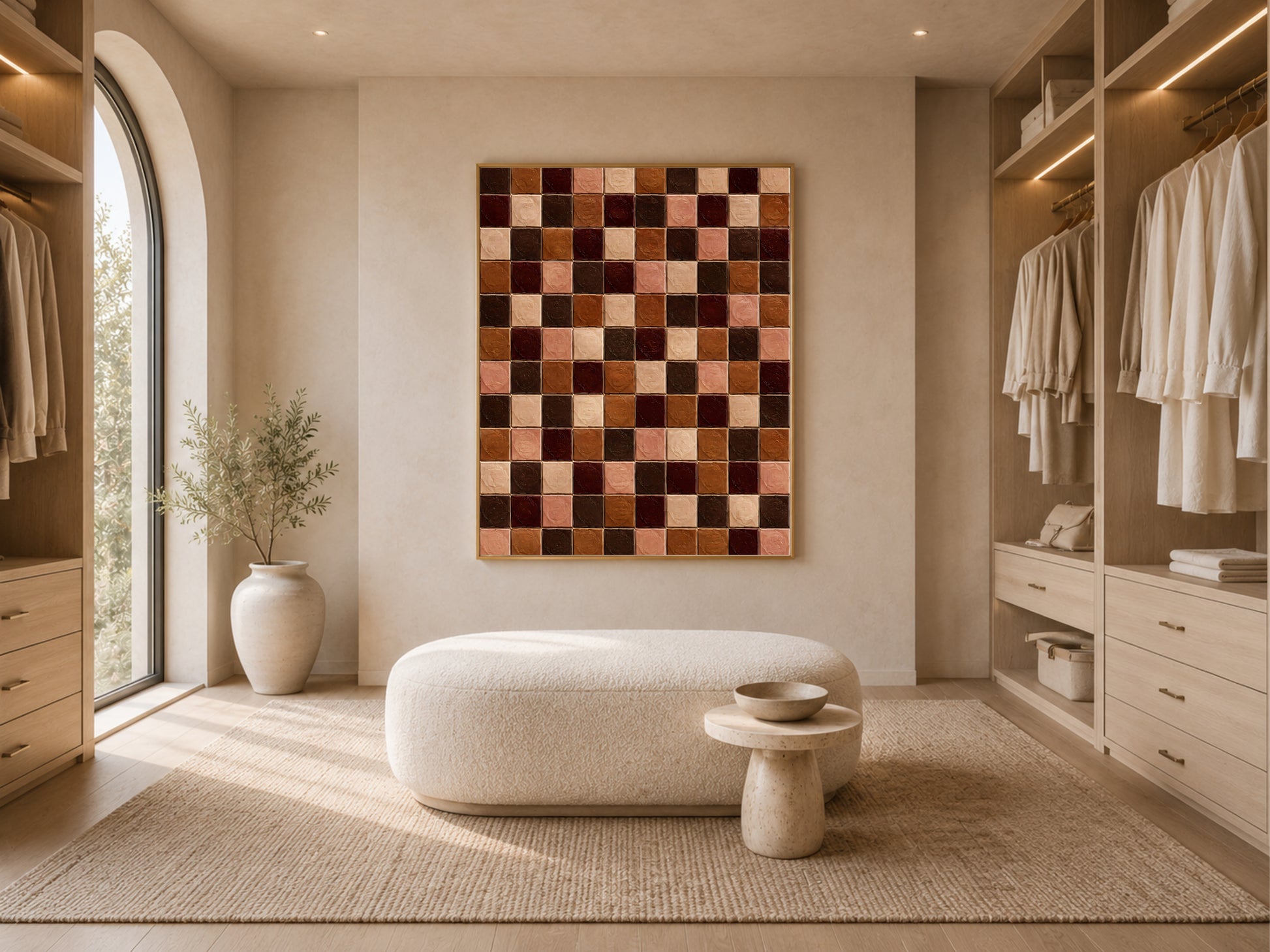 Terracotta and chocolate tile art framed in a bright walk-in closet