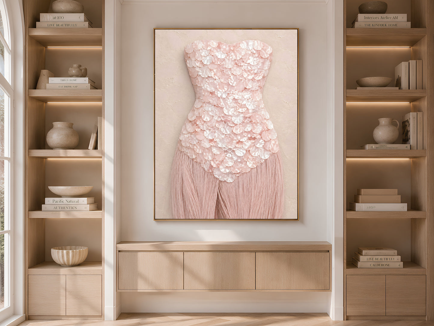 Rose quartz mother of pearl wall art framed in gold, displayed within light wood built-in shelving.