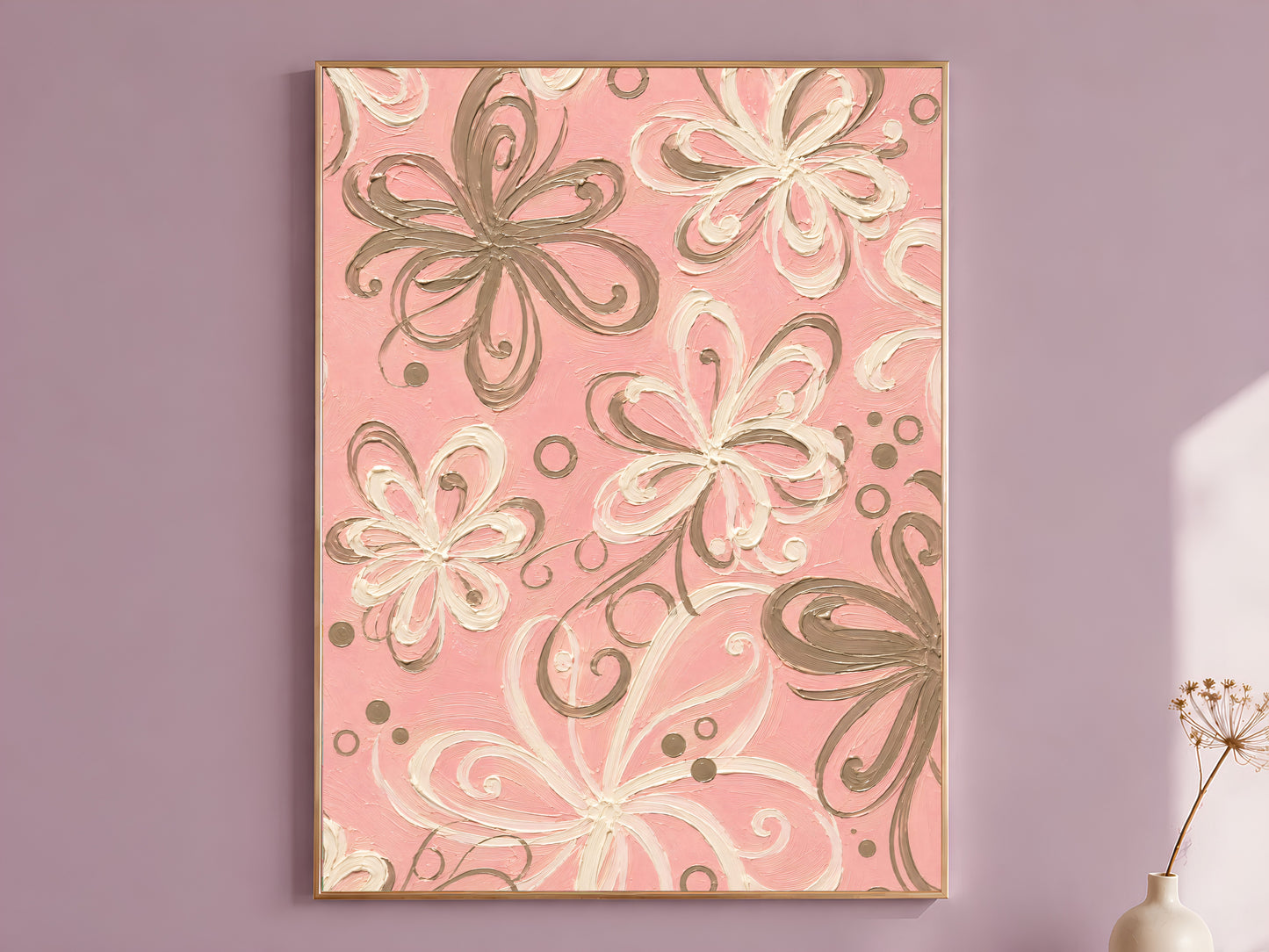 Pink retro swirl floral impasto wall art in gold frame on mauve wall with dried flower stems
