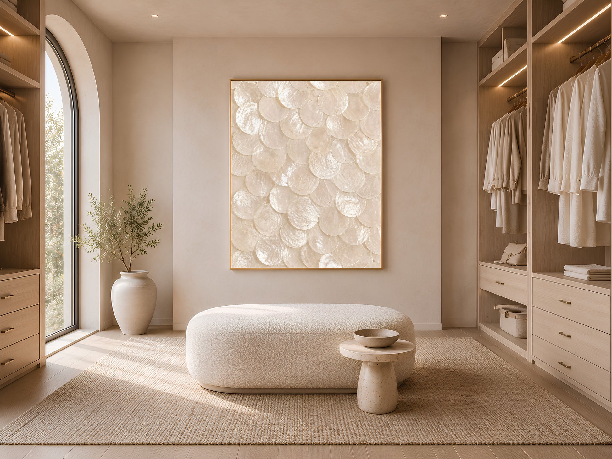Capiz shell wall art in a gold frame in a walk-in closet with a round ottoman and neutral wardrobe styling
